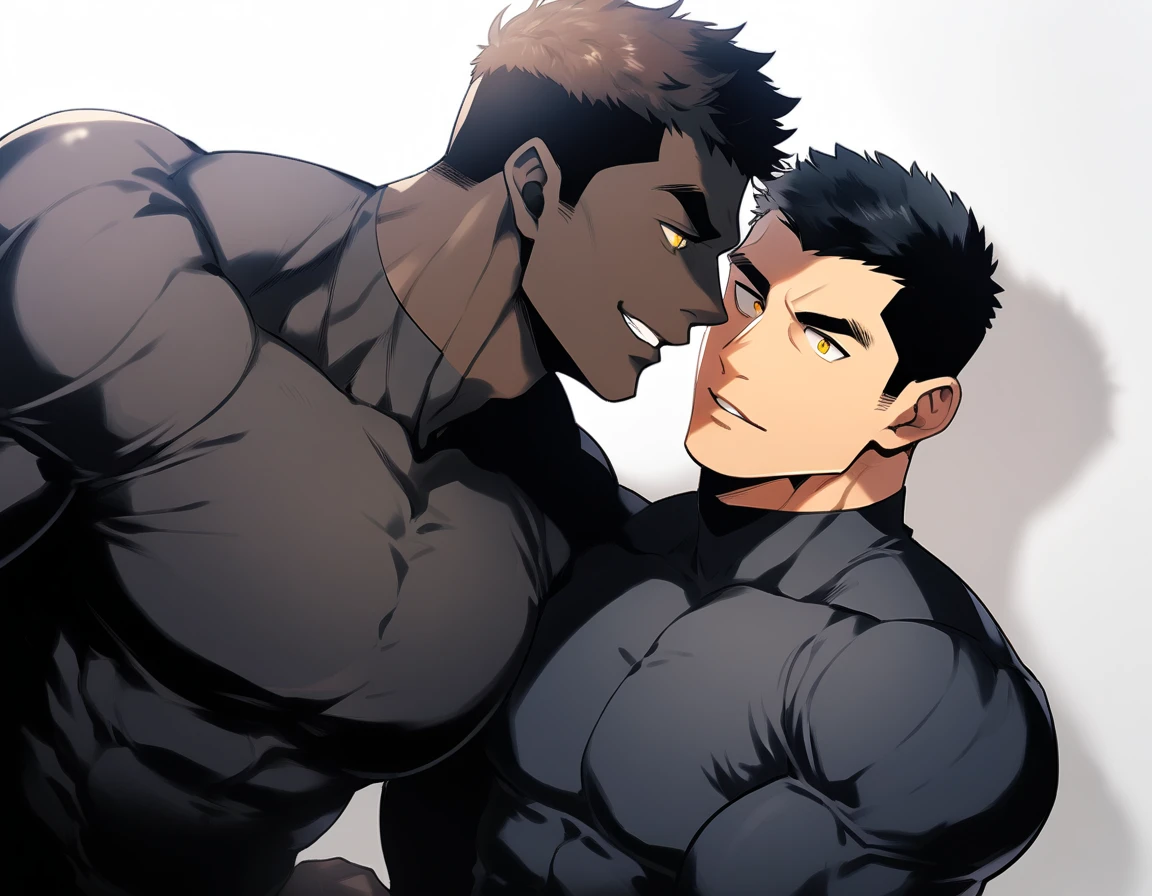 anime characters:Two superheroes in tights, Muscle superhero, negro black skin, They hugged and kissed each other, Bite your neck, Caress, Manliness, male focus, Yellow and black high collar long sleeve tight T-shirt, Slightly transparent material, Very tight, Round, full and perky chest muscles, Male dog waist, Slightly transparent, muscular male, muscular, only, Upper body, alone, Black short hair, Thick eyebrows, stubble, Yellow eyes, Grey background, simple background, amazing quality, best aesthetics, Ridiculous, bright pupils, crew cut, parted lips, seductive smile, torogao, naughty face, drop shadow, best quality