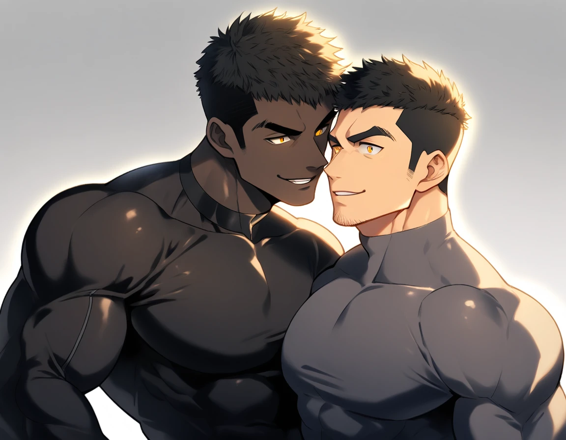 anime characters:Two superheroes in tights, Muscle superhero, negro black skin, They hugged and kissed each other, Bite your neck, Caress, Manliness, male focus, Yellow and black high collar long sleeve tight T-shirt, Slightly transparent material, Very tight, Round, full and perky chest muscles, Muscle waist, Slightly transparent, muscular male, muscular, only, Upper body, alone, Black short hair, Thick eyebrows, stubble, Yellow eyes, Grey background, simple background, amazing quality, best aesthetics, Ridiculous, bright pupils, crew cut, parted lips, seductive smile, torogao, naughty face, drop shadow, best quality