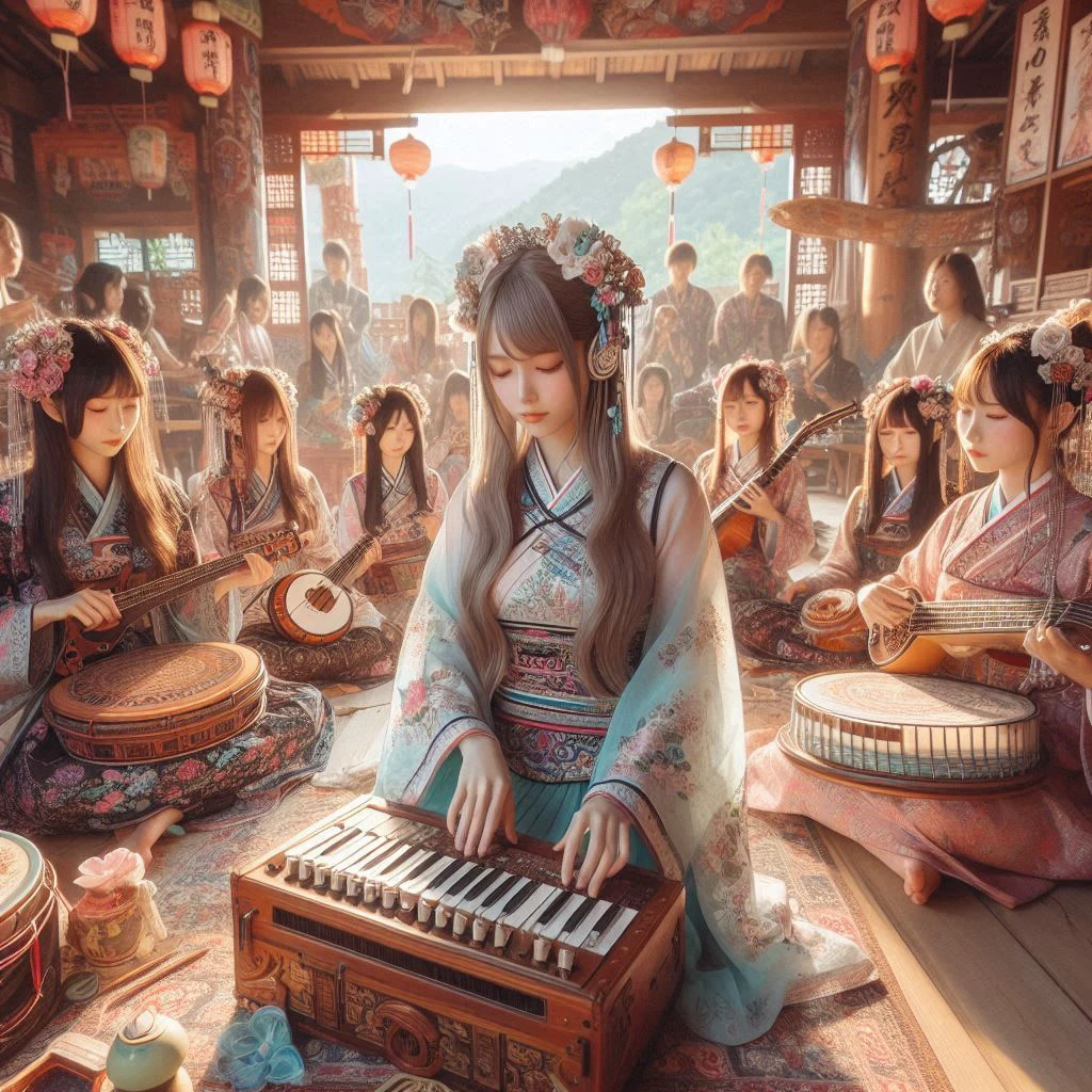 An arav woman in a kimono plays a musical instrument in a room full of people., Japanese fantasy, artwork in the style of Guvez, Chinese Fantasy, cinema. By Lengjun, Ross Tran 8g, palace , girl in hanfu, Guvez, Beautiful Tang Dynasty show, 🌺 CG Society, traditional chinese, China's Dreamland