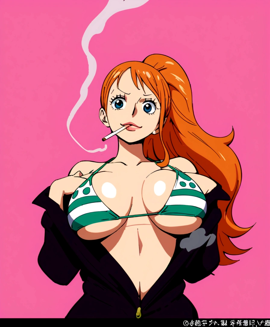 a cartoon picture of a woman in a bikini top and jeans, nami one piece, nami from one piece, nami, beautiful portrait of nami, from one piece, oppai, blue eyes, smoking, ponytail, nsfw