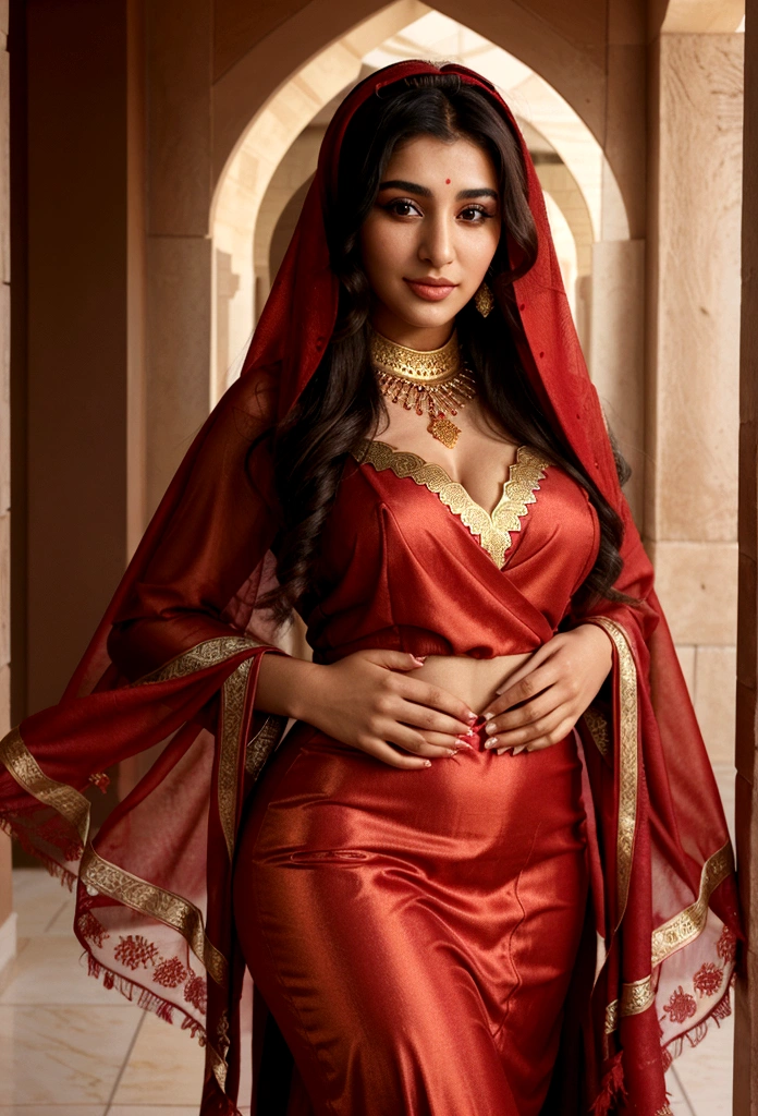 Arav woman wearing red and gold shawl and red dress, middle East skin, Beautiful arab woman, young middle East woman, Beautiful Iranian women, Arab beauty, middle East, Full body portrait, Detailed face of an arab woman, Portraits, Photo of a beautiful woman, Smile