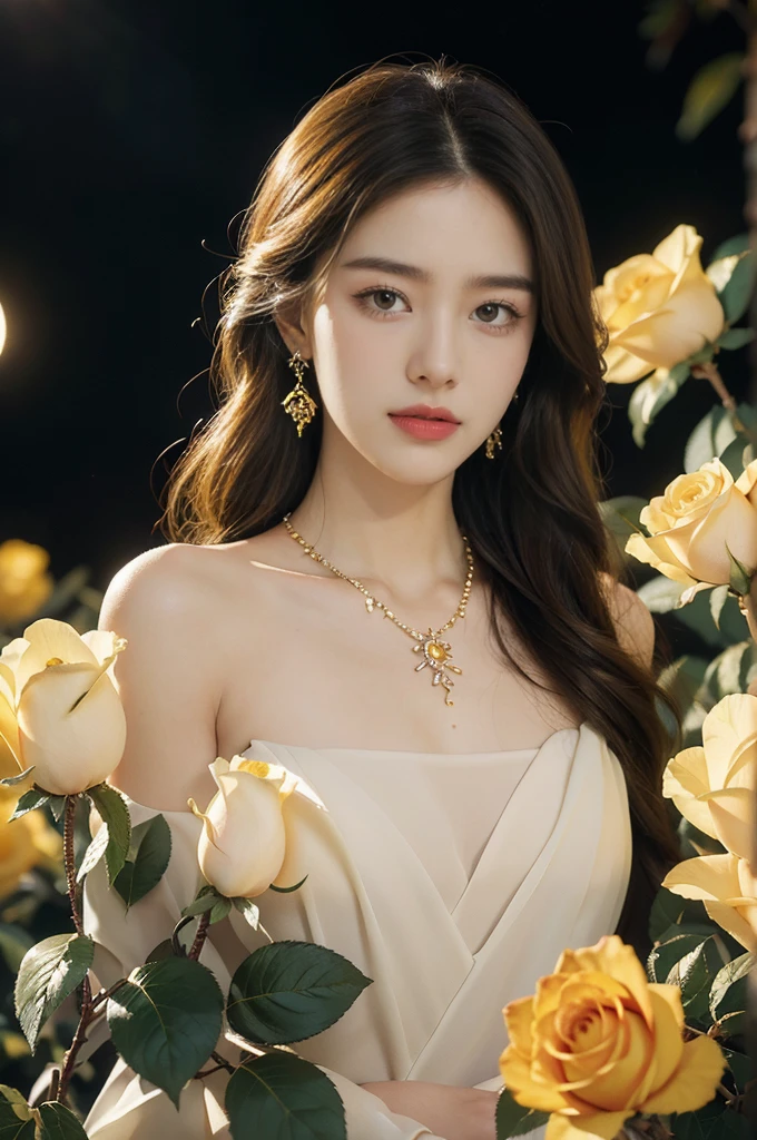 (((best quality))),(((ultra detailed))),(((masterpiece))),illustration, a stunning young girl amidst a sea of yellow roses, yellow rose petal dress,slim,thin, fair skin,shoulder length straight chestnut hair,earrings,necklace,intricate patterns, embellishments, ethereal charm, sparkling eyes, gentle smile,flat chest,small breasts, innocence and grace, yellow roses background, full bloom, fragrance of roses, enchanting presence, delicate fingers, admiration, beauty and nature blend, striking appearance, vibrant yellow color, harmonious equilibrium,lasting impression,standing,((upper body,from front)),night scene,