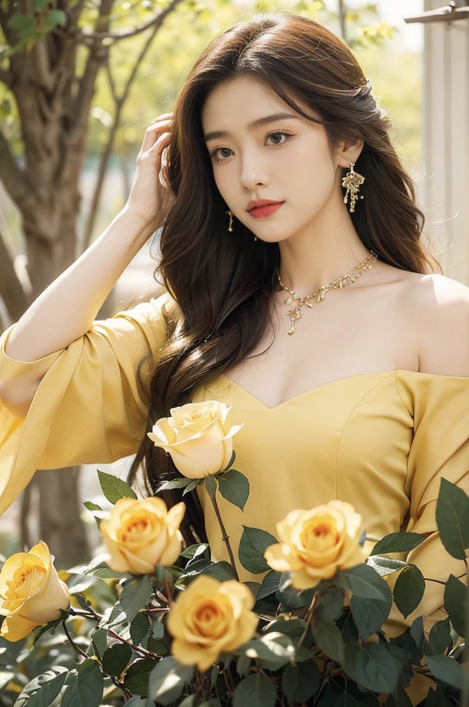 (((best quality))),(((ultra detailed))),(((masterpiece))),illustration, a stunning young girl amidst a sea of yellow roses, yellow rose petal dress,slim,thin, fair skin,shoulder length straight chestnut hair,earrings,necklace,intricate patterns, embellishments, ethereal charm, sparkling eyes, gentle smile,flat chest,small breasts, innocence and grace, yellow roses background, full bloom, fragrance of roses, enchanting presence, delicate fingers, admiration, beauty and nature blend, striking appearance, vibrant yellow color, harmonious equilibrium,lasting impression,standing,((upper body,from front)),night scene,