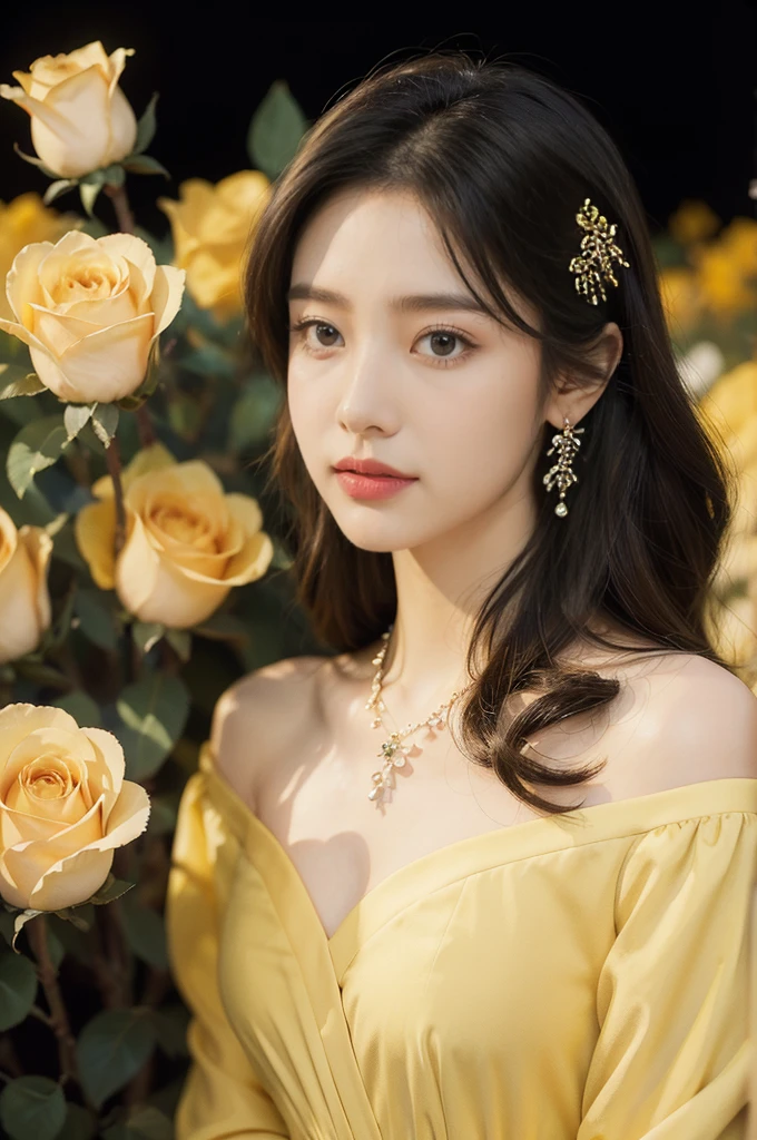 (((best quality))),(((ultra detailed))),(((masterpiece))),illustration, a stunning young girl amidst a sea of yellow roses, yellow rose petal dress,slim,thin, fair skin,shoulder length straight chestnut hair,earrings,necklace,intricate patterns, embellishments, ethereal charm, sparkling eyes, gentle smile,flat chest,small breasts, innocence and grace, yellow roses background, full bloom, fragrance of roses, enchanting presence, delicate fingers, admiration, beauty and nature blend, striking appearance, vibrant yellow color, harmonious equilibrium,lasting impression,standing,((upper body,from front)),night scene,