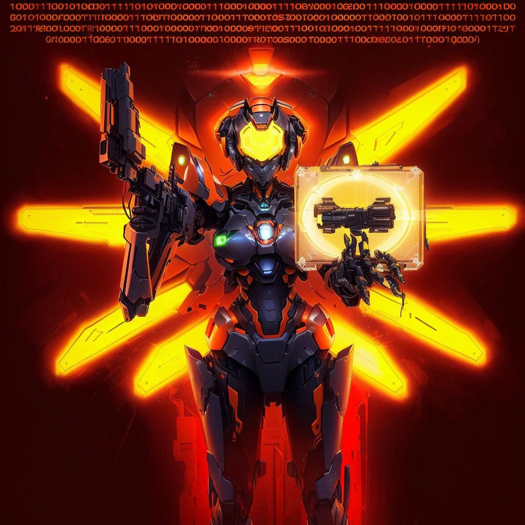 a close up of a robot holding a gun, simple futurist cyborg empress, beautiful robot character design, vitruvian mecha, female mecha, cyberpunk mechanoid, neon genesis evangelion fanart, mecha inspired, glados, intricate glowing mecha armor, girl in mecha cyber armor, cyberpunk robot, cybernetic glowing