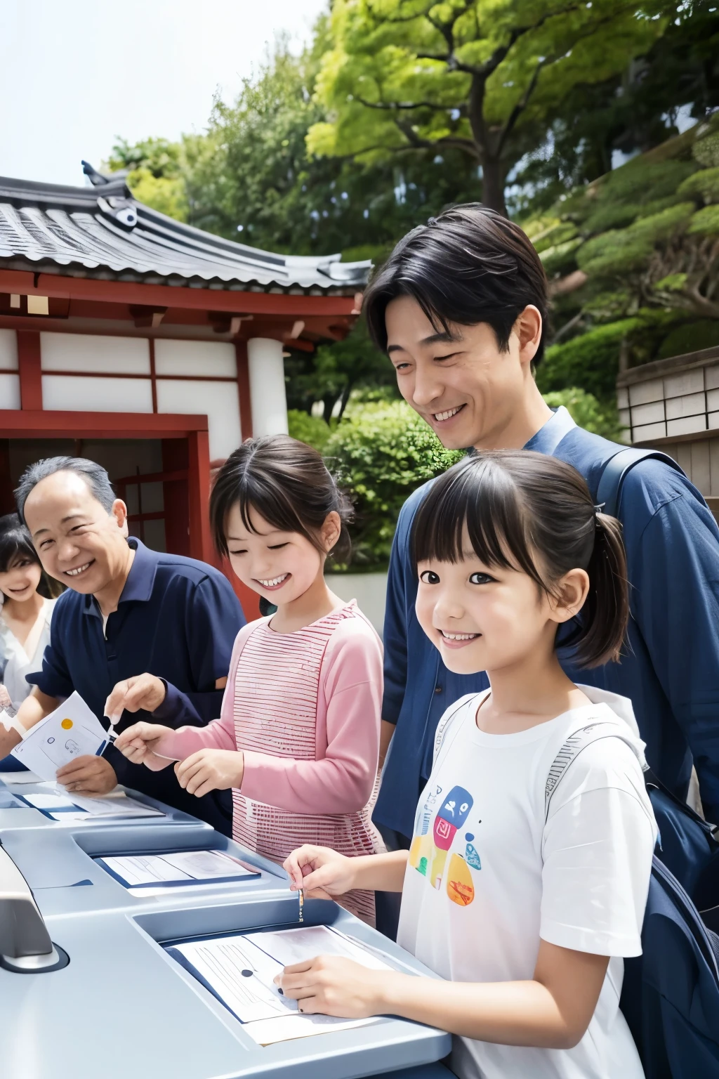 Voting in Japan　The three parents and children voted together、The government officials are welcoming us with smiles　Illustrated style
