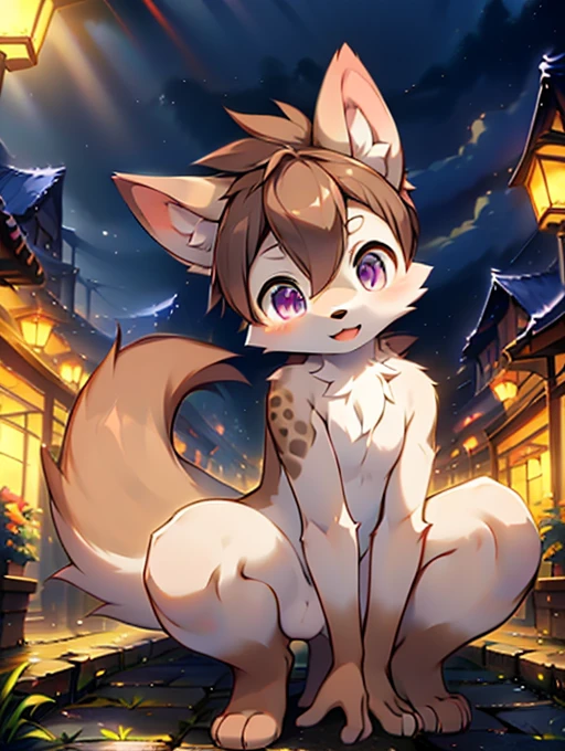 Civet cat, **********, cute, (alone), (((Has brown and white fur))), Big purple eyes, Blushing, smile, Open your mouth, walking, night, Ancient Asian cities, bright street lights, Blue and black slate road, Empty Streets, Starry Sky, Shadow, Detailed facial depiction, ((Accurate hand drawing)), レンブラントの光とShadow, Ultra-fine，Completely naked，Naked，Naked，Full nudity，Nude，Barely，Fully visible，Spread your legs and point your crotch，Embarrassing，Embarrassed look，On all fours，Put your hands and feet on the ground，Sit like a dog，quadruped，Accurate hand and foot count，shame，A furry in heat，first round，Fantasy，Anime-style depiction，