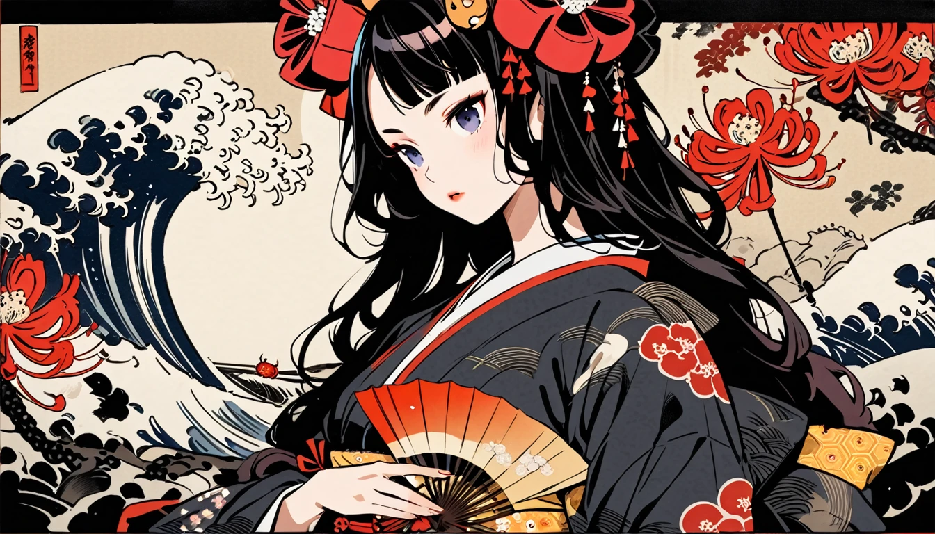 Highest quality, Katsushika Hokusai, Ink Painting, (((longhair))), (((Light black kimono))), (((fan))), Big red ribbon on head, Red spider lily, beautiful girl, Black Hair, Delicate and precise, Modern ukiyo-e style