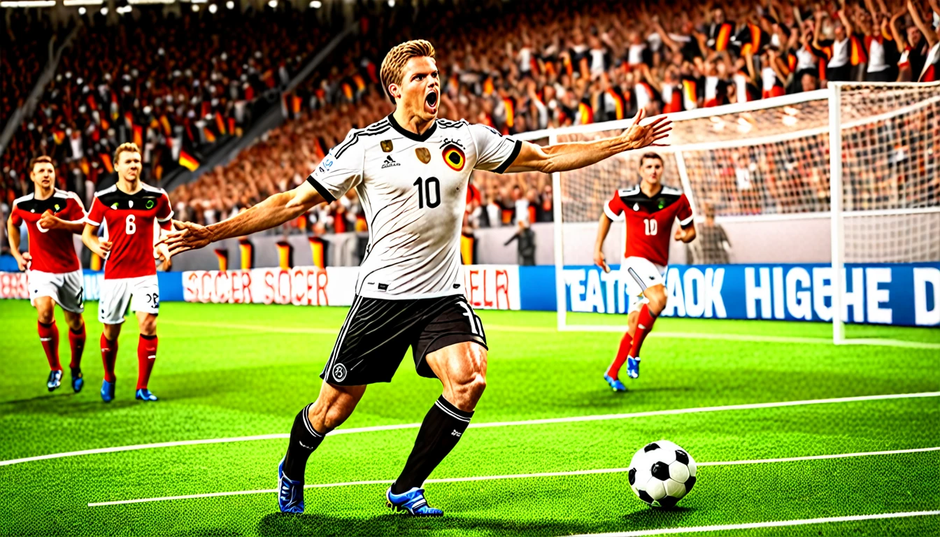 high quality, hyperdetailed, 3d, dynamic, dramatic lighting, highly detailed, photorealistic, 1 german male soccer team, soccer players, athletes, football, soccer, team, sports, sports uniforms, soccer jerseys, cleats, soccer ball, soccer field, stadium, crowds, cheering fans, flags, banners, action pose, muscular figures, sweat, motion blur, depth of field, germnan flag on jersey