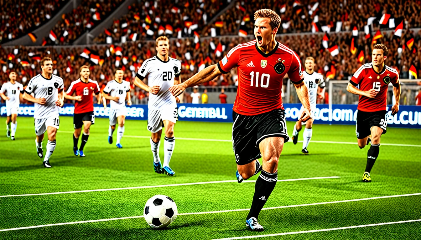 high quality, hyperdetailed, 3d, dynamic, dramatic lighting, highly detailed, photorealistic, 1 german male soccer team, soccer players, athletes, football, soccer, team, sports, sports uniforms, soccer jerseys, cleats, soccer ball, soccer field, stadium, crowds, cheering fans, flags, banners, action pose, muscular figures, sweat, motion blur, depth of field, germnan flag on jersey