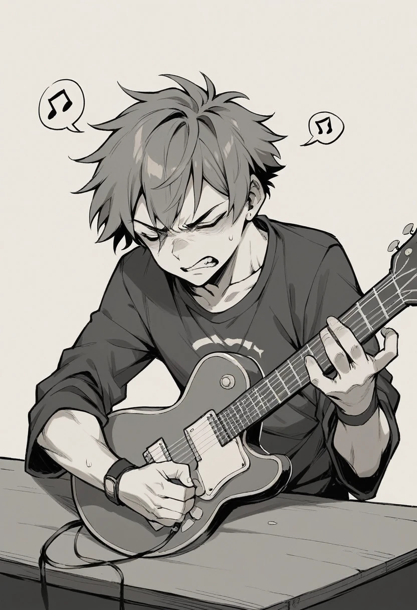 A music student who is playing the guitar and there is a small table next to him. The student's facial expression shows confusion and fatigue, and his eyes are closed and his face is angry.
That small table is empty