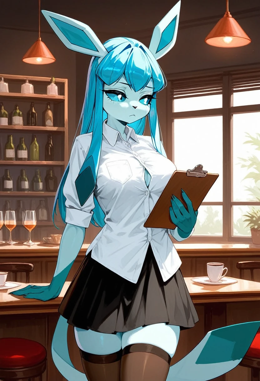 Solo, score_9,score_8_up,score_7_up, source_furry, an Anthro furry Glaceon female, blue sclera, white eyes, wearing white button up shirt, black skirt, thigh high socks, in a cafe, looking bored, holding a single clipboard, standing, looking away,