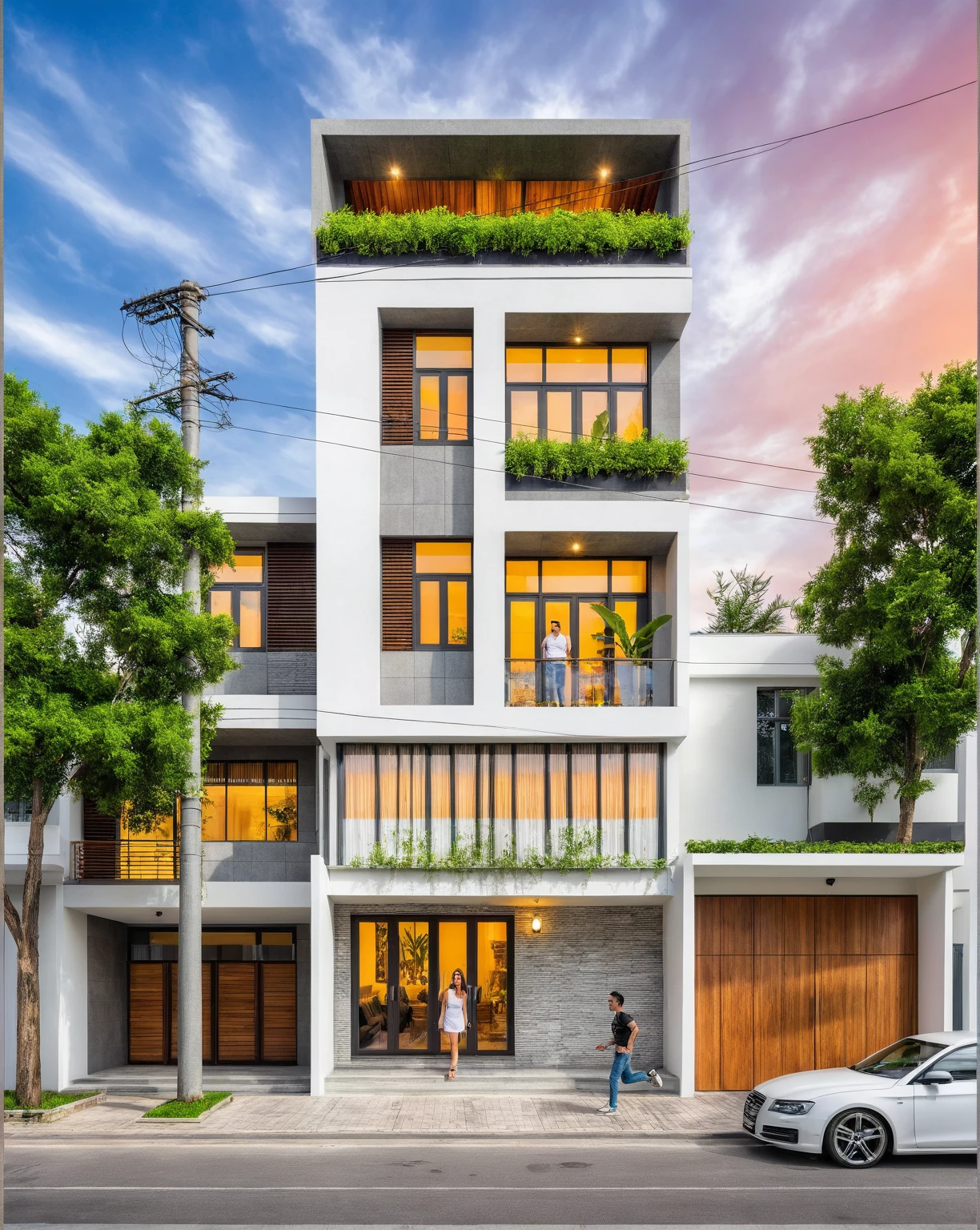 modern townhouse on street, (sunset), tropical tree, vivid colour, streetcapes, white tone, white wall, large glass door, (warm interior lighting:1.2), wood and marble, best quality, 18ArchiAI_VL-v1