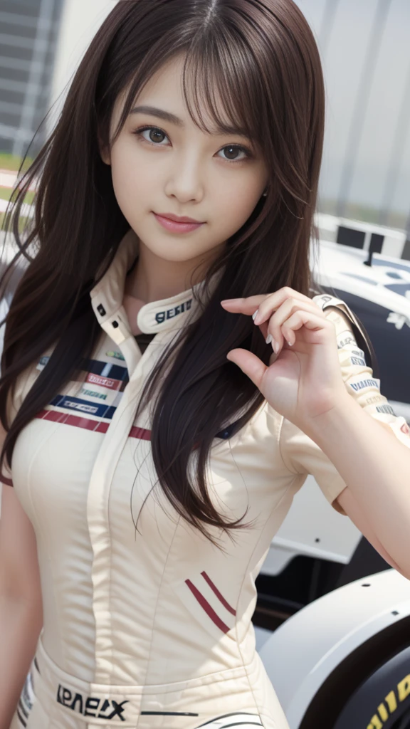 masterpiece, Highest quality, Realistic, Highly detailed CG integrates 8K, 8K,(Very beautiful face, Beautiful Lips, Beautiful Eyes), Exquisitely detailed face,1 Girl, Very beautiful girl,Exquisite eye makeup,Subtle eye detail,The best example of four fingers and one thumb,Toned figure,Nice and beautiful smile,明るいLong Hair,transparent, Quality hair,(masterpiece, Highest quality:1.2),alone,The eyes are exquisite and delicate,Brown Hair、Long Hair、Pink Lips,blue eyes,Big Breasts、Wavy Hair、(((race queen:1.0)))、Japanese、25-year-old female