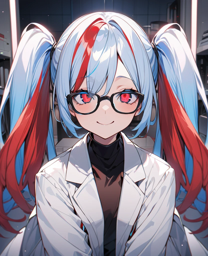 One Woman、Blue and red two-tone hair、Hairstyle、Long twin tails、Red and blue eyes、Slanted Eyes、Strange Eyes、Glasses、whole body、View your viewers、lab coat,indoor、Blue and red two-tone hair, tsurime, Blue and red eyes、Strange Eyes, smile, Ultra-high resolution, Very detailed