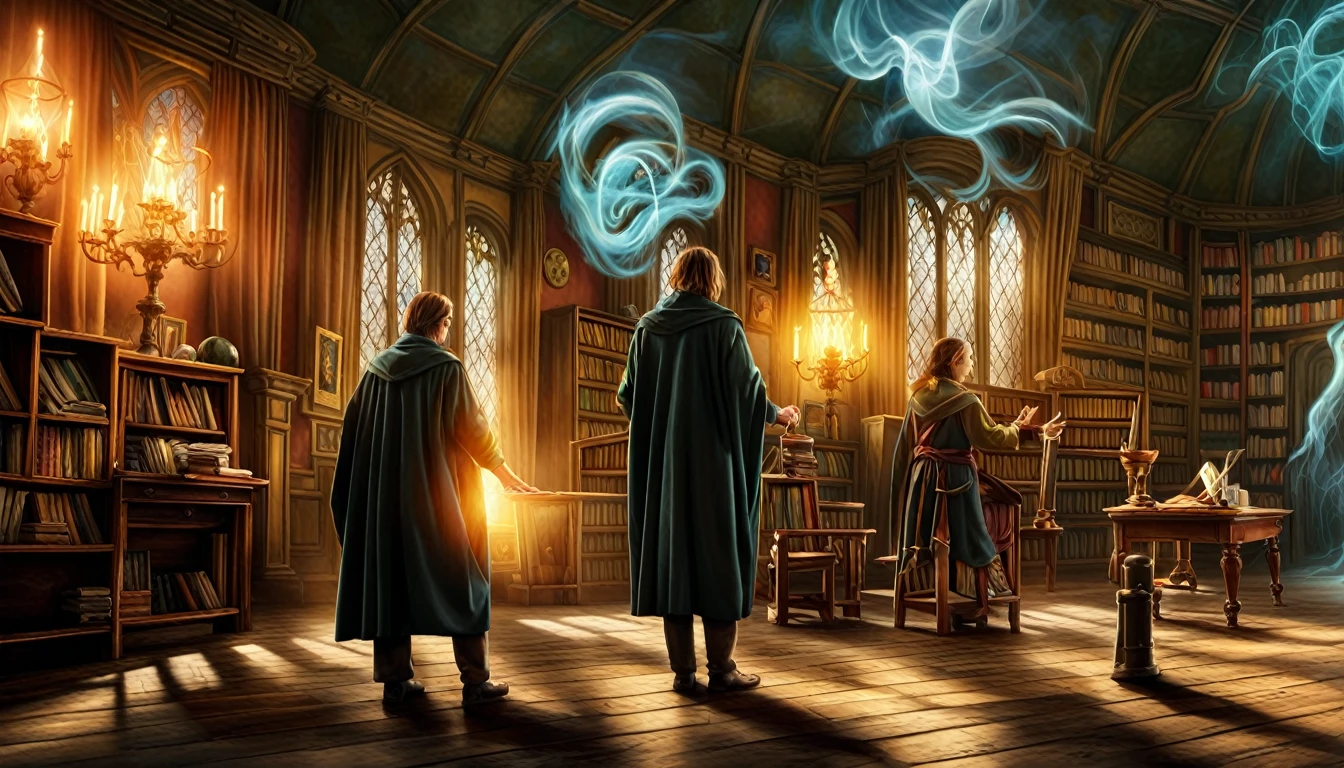 magic lesson, There is a teacher in the background, Students practicing magic spells, Colorful magical aura, Luminous wand, Smoke and fog enveloping the room, Magic books and scrolls, Flickering Candle, Glowing crystals and potions, Old wizard's robe, gesture:Casting spells and enchantments. Esoteric symbols and sigils carved into the walls, Mysterious and enchanting atmosphere, Vibrant and dynamic energy, Students with fascinating expressions, There was awe and wonder in their eyes., Hands-on demonstrations and experiments, Interactive and engaging teaching style, Energy Vortex Magical. In the center of the room, Whispers of ancient spells echo through the air, Diagrams and charts on blackboard, Mysterious creatures watching over the classroom, A lively discussion unfolds, Sparkling stardust scattered throughout the classroom, Hidden secrets and untapped potential, Transfiguration and metamorphosis, The pursuit of knowledge and wisdom in the magical realm, Unleash your imagination. (Highest quality, 4K, 8K, High resolution, masterpiece: 1.2), Super detailed, (Realistic, photoRealistic, photoRealistic: 1.37), High resolution, 超High resolution, Studio Lighting, ultra-fine photograph, Sharp focus, Physically Based Rendering Detailed Explanation Extreme, Professional, Vibrant colors, Bokeh, Portraiture, landscape, Elf, anime, sf, photograph, Concept Artist, Bright and fantastic colors, A soft and elegant palette, Subtle and dramatic lighting effects, bright and radiant atmosphere.(Image taken with a high-end Professional camera: 1.3),Tolkien Style