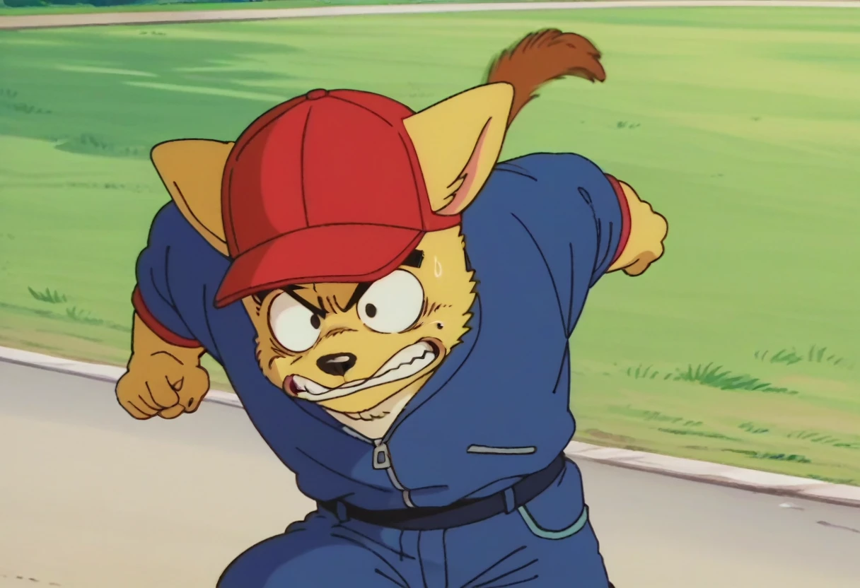 anime screencap,drgbls1, solo, anthro dog,yellow fur,blue jacket,blue flatcap, male,score_9, score_8_up, score_7_up, score_6_up, upper body,running, scared
