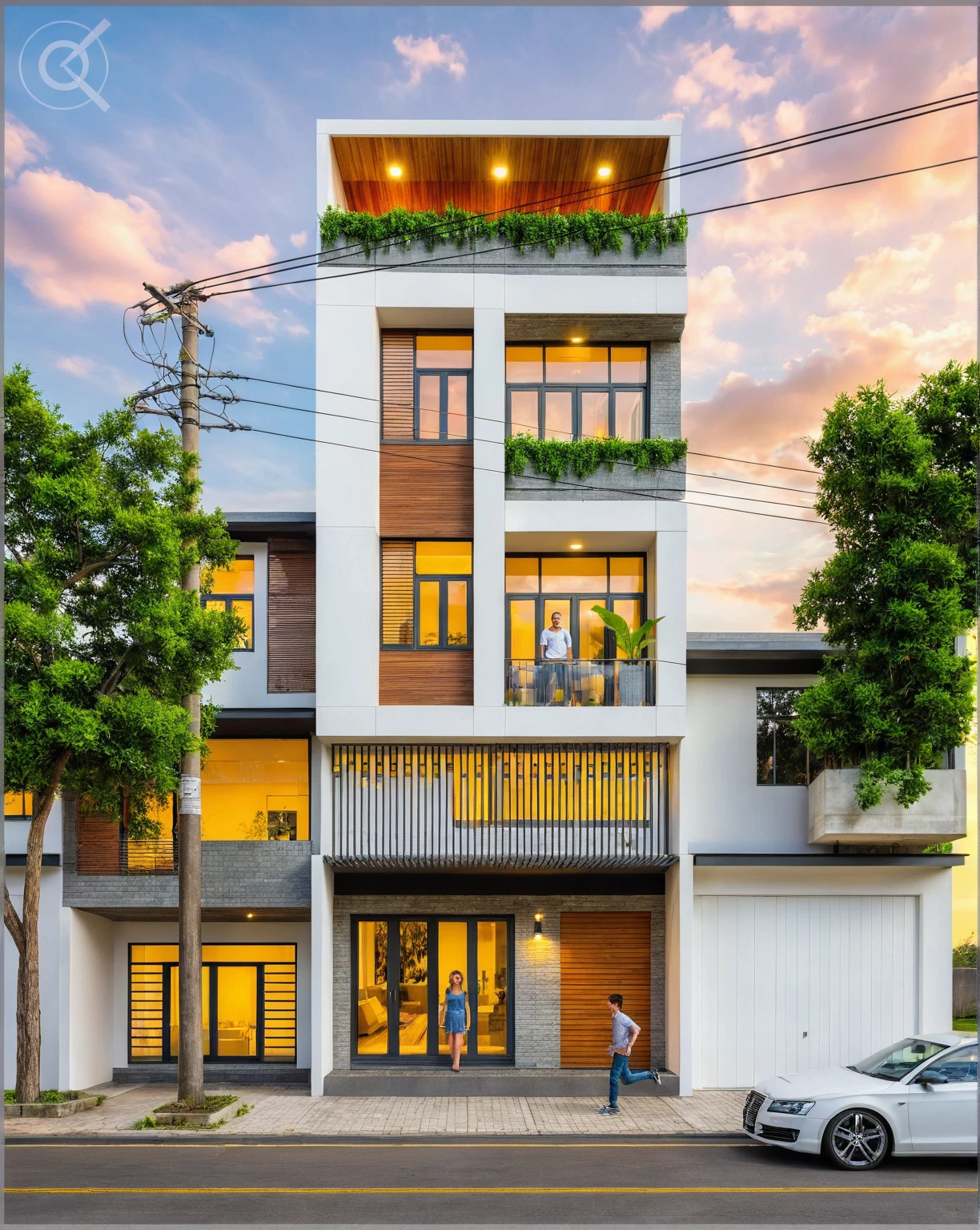 Masterpiece, high quality, best quality, authentic, super detail, outdoors, house style modern, bietthuhn, white wall, glass windows, gate road, pavement, grass, trees, Beautiful_sky, SUNSET, (day:1.1), realistic lighting