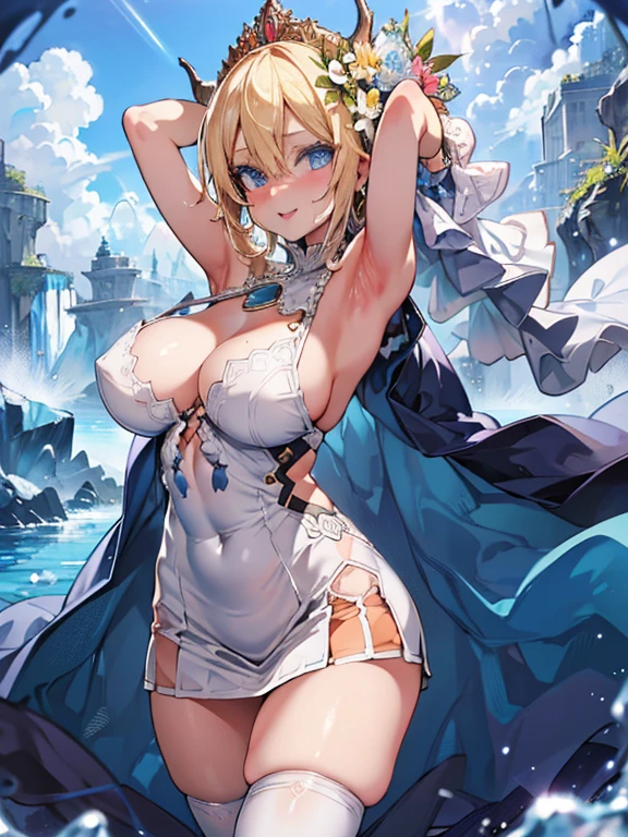(portrait:1.5),
((Highest quality)), ((masterpiece)),(detailed),High resolution,Sharp focus,Perfect Face,{best illustration},((complete anatomy)),
(非常にdetailed CG unity 8k wallpaper),(((Vibrant colors))),Official Art,granblue fantasy,
((detailedなボディ)),(detailedな顔)), cute,Lewd,erotic,Bold,Camel Toe,(erection of nipple),
very shiny 肌,Shiny body,plastic glitter 肌,exaggerated shiny 肌,illuminated skin,
Big Breasts,glamorous,Tight waist,Long legs,curve,Cleavage,erotic,Bold,Revealing clothing,show 肌,
(Realistic eyes, Natural skin texture, Realistic facial details),Europa,Beautiful Eyes,Symmetrical eyes,Blonde,Blue Eyes,Beauty,
Tiara with flowers and veil,(Huge hips:1.1),(Huge breasts, Glamour:1.1),Perfect Fingers,
(Flying debris, 超High resolution),(((Light blue and white theme))),Wear an iridescent aura,
Invisible Light, Amazing shine, Sky blue glow, The colors of another world,
Bright colors, Ghostly Effects,Surreal Landscape,
White Mini Dress,White boots,Dark blue skirt-style cloak,Gold Jewelry,
smile,Open your mouth,fucked silly, oral invitation, embarrassed,
(Stuffy armpits:1.2), sweat,Dripping water,My whole body is wet,heavy breathing, humid, FOG, armpit focus, arms up behind, (portrait:1.5),
Cumulonimbus,Surrounded by water, reflection,Breathtakingly beautiful clouds,Light,Dazzling Light,Cinematic Light.The wind is blowing,Vast ocean,
White sand beach,Coconut Tree,Sparkling Splashes,Shallow seas,Rocky area,