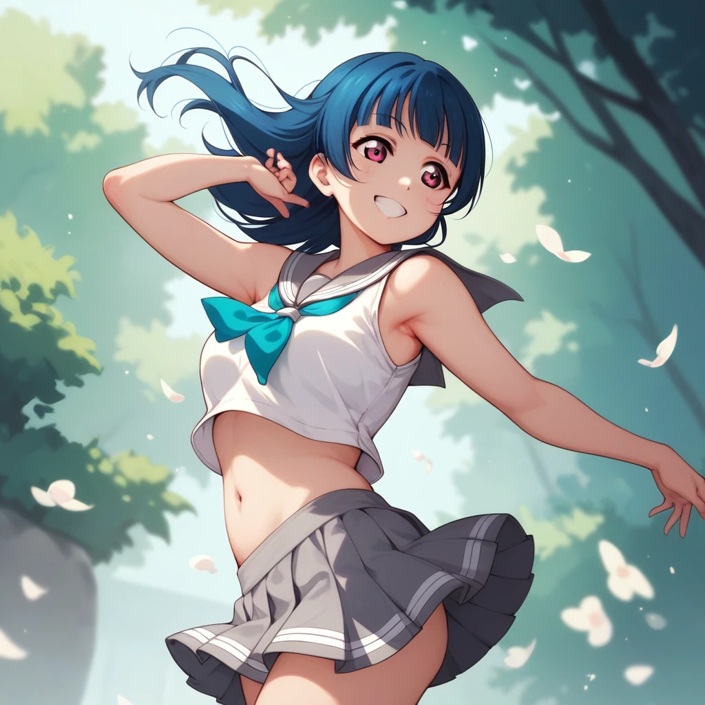 Yoshiko Tsushima love live,serafuku, gray mini skirt, slightly from side, armpits, floating skirt ,navel, breasts, smile , standing, sleeveless 