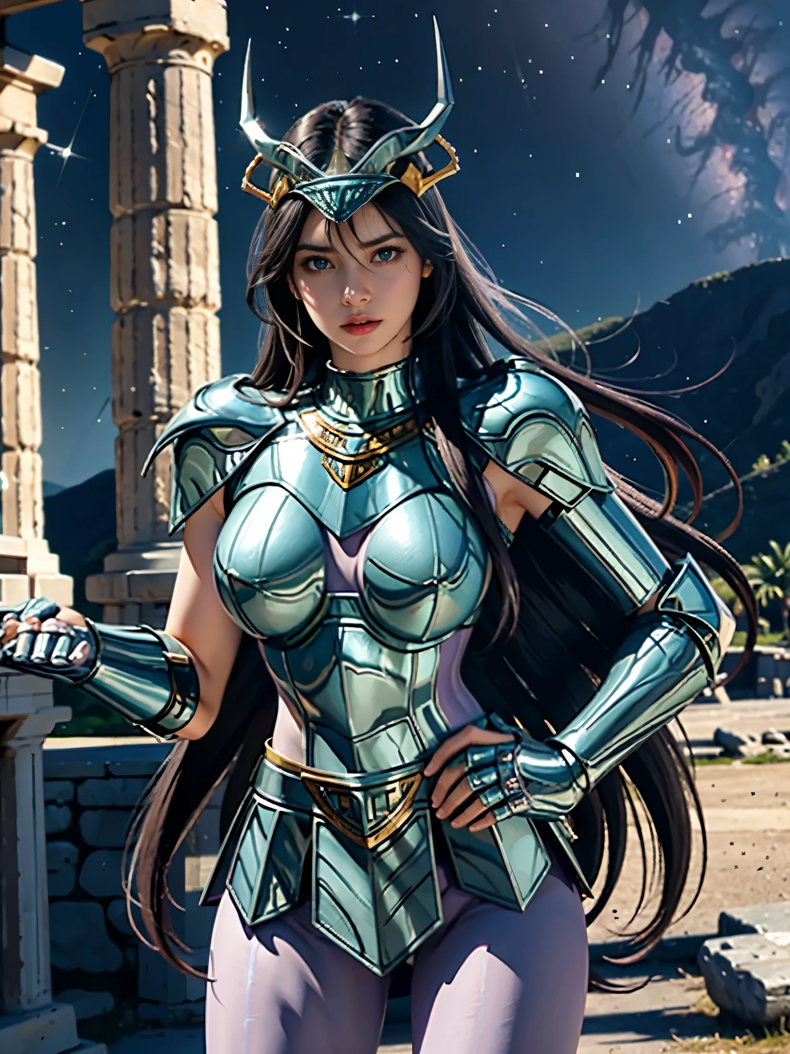 masterpiece, best quality, ultra high res, realistic skin texture, armature, (photorealistic:1.4), high resolution, raw photo, shiny skin, realistic skin texture, best lighting, sparkle, dramatic lighting, dynamic pose, (greek temple background:1.3), night sky, cosmos, milky way, 1girl, (medium breast:1.1), balanced eyes, Dragon Shiryu wearing green silver armor, purple pants, purple short sleeve shirt, wearing dragon helmet, roman skirt plate, (breast plate:1.5), very long hair, shield, cleavage,