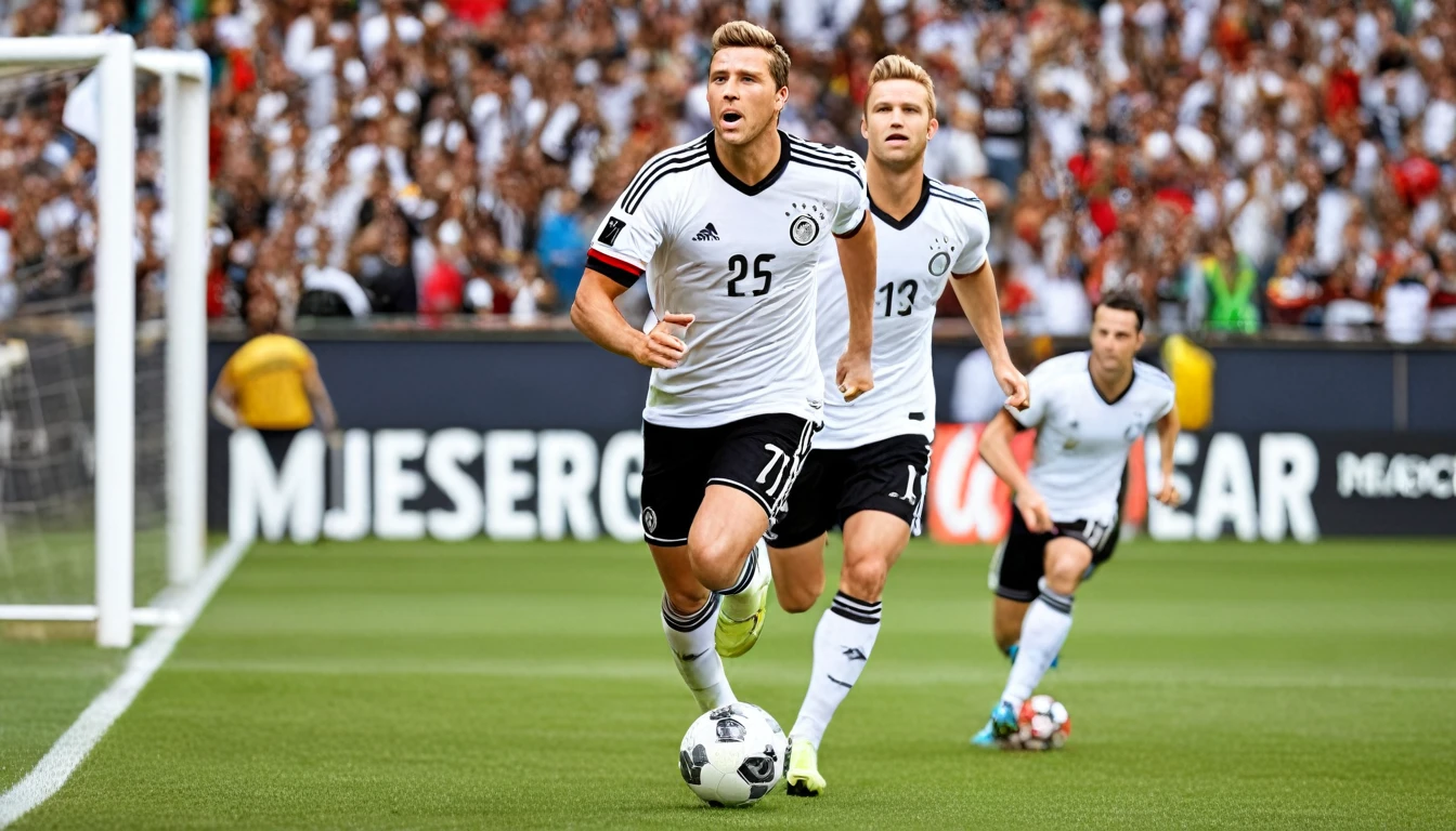 high quality, hyperdetailed, 3d, dynamic, dramatic lighting, highly detailed, photorealistic, 1 german male soccer team, soccer players, athletes, football, soccer, team, sports, sports uniforms, soccer jerseys, cleats, soccer ball, soccer field, stadium, crowds, cheering fans, flags, banners, action pose, muscular figures, sweat, motion blur, depth of field, germnan flag on jersey