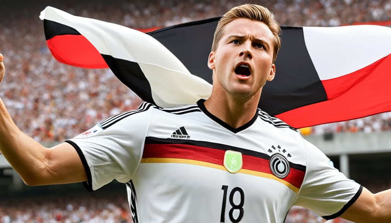 high quality, hyperdetailed, 3d, dynamic, dramatic lighting, highly detailed, photorealistic, 1 german male soccer team, soccer players, athletes, football, soccer, team, sports, sports uniforms, soccer jerseys, cleats, soccer ball, soccer field, stadium, crowds, cheering fans, flags, banners, action pose, muscular figures, sweat, motion blur, depth of field, germnan flag on jersey