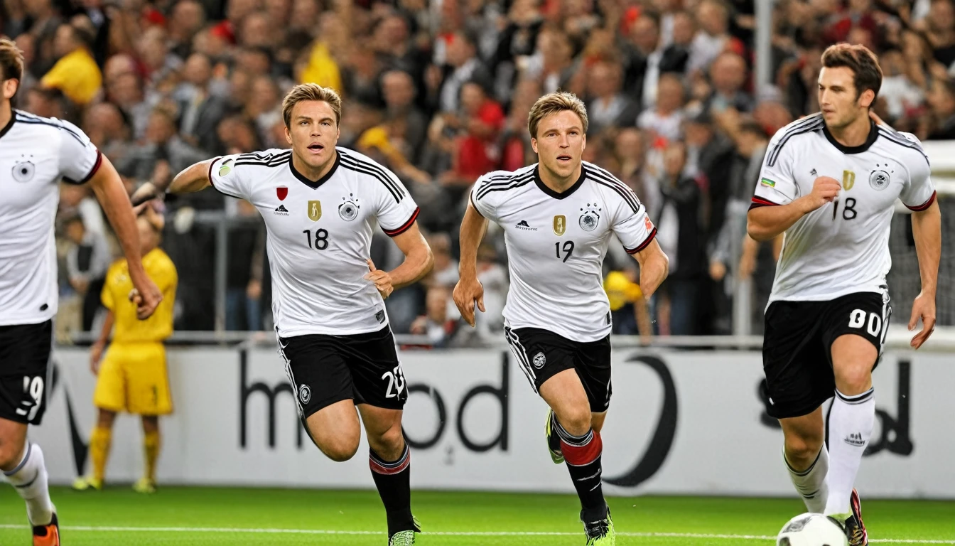 high quality, hyperdetailed, 3d, dynamic, dramatic lighting, highly detailed, photorealistic, 1 german male soccer team, soccer players, athletes, football, soccer, team, sports, sports uniforms, soccer jerseys, cleats, soccer ball, soccer field, stadium, crowds, cheering fans, flags, banners, action pose, muscular figures, sweat, motion blur, depth of field, germnan flag on jersey
