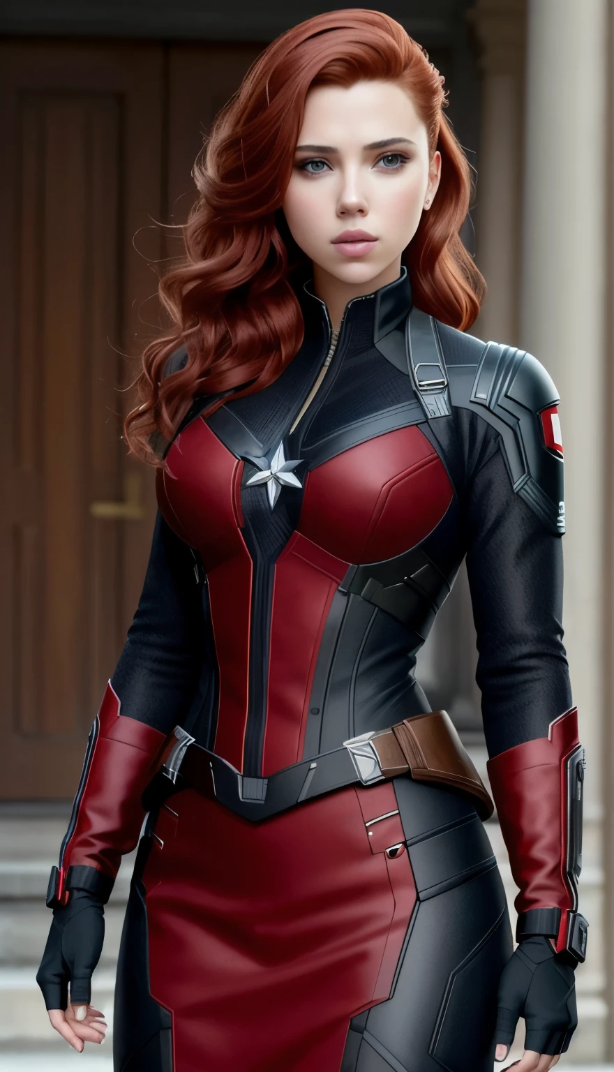 (masterpiece), (best quality), (photorealistic:1.3), 8k, detailed skin texture, detailed cloth texture, beautiful detailed face, intricate details, ultra detailed, scarlett johansson, Black Widow in the style of the Captain America, straight red hair, (full-length body:1.2)