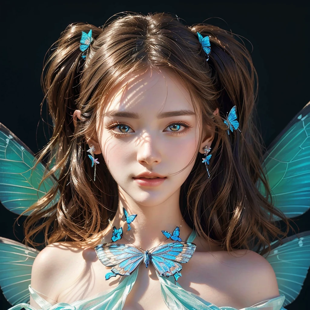 wearing butterfly decoration, butterfly decor, butterfly earing, beautiful fairy, beautiful fairy portrait, fantasy concept,pretty girl face,photo realism, cinematic rendering, ray tracing, highest quality, highest detail, Cinematic,8K, Ultra-HD, Natural Lighting,