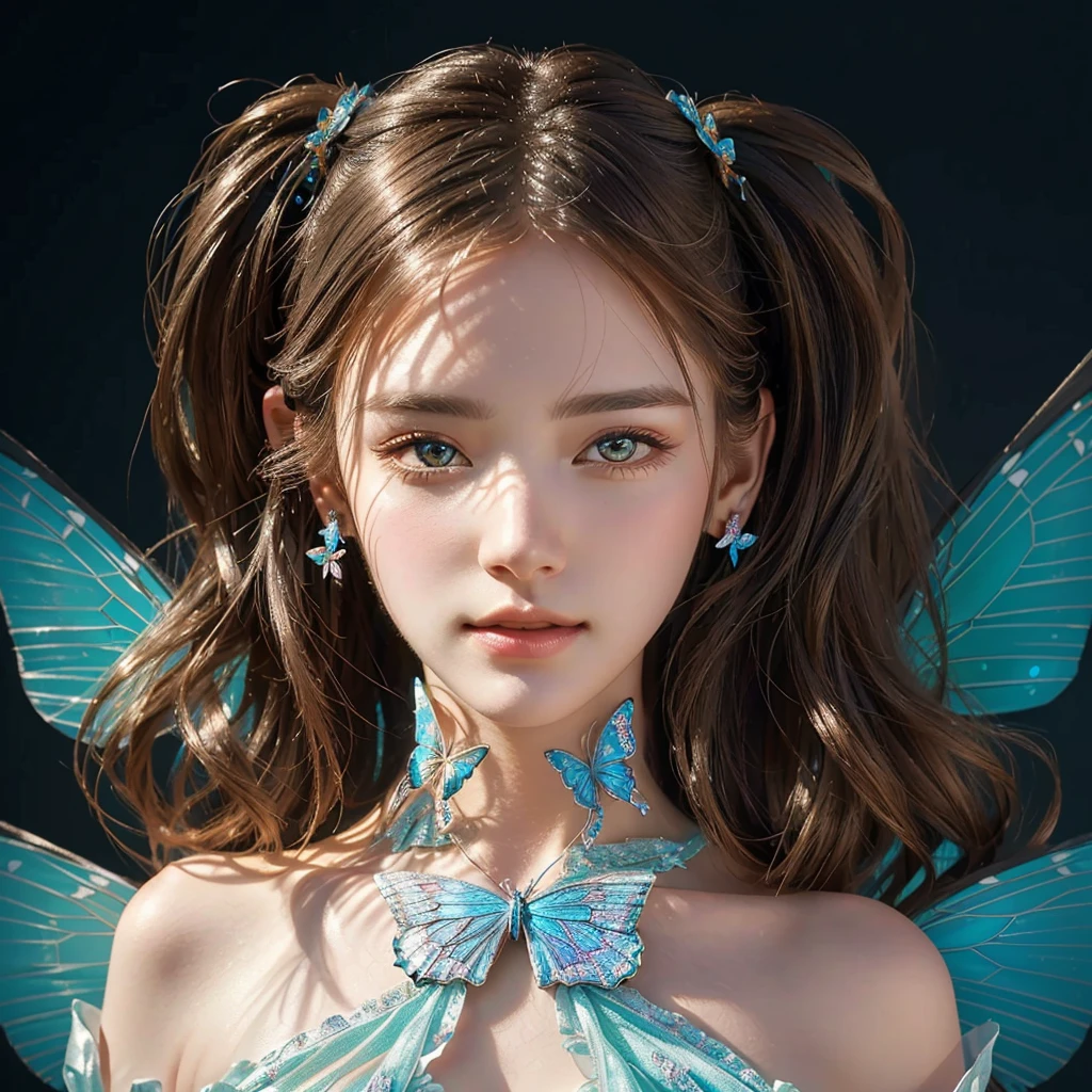 wearing butterfly decoration, butterfly decor, butterfly earing, beautiful fairy, beautiful fairy portrait, fantasy concept,pretty girl face,photo realism, cinematic rendering, ray tracing, highest quality, highest detail, Cinematic,8K, Ultra-HD, Natural Lighting,