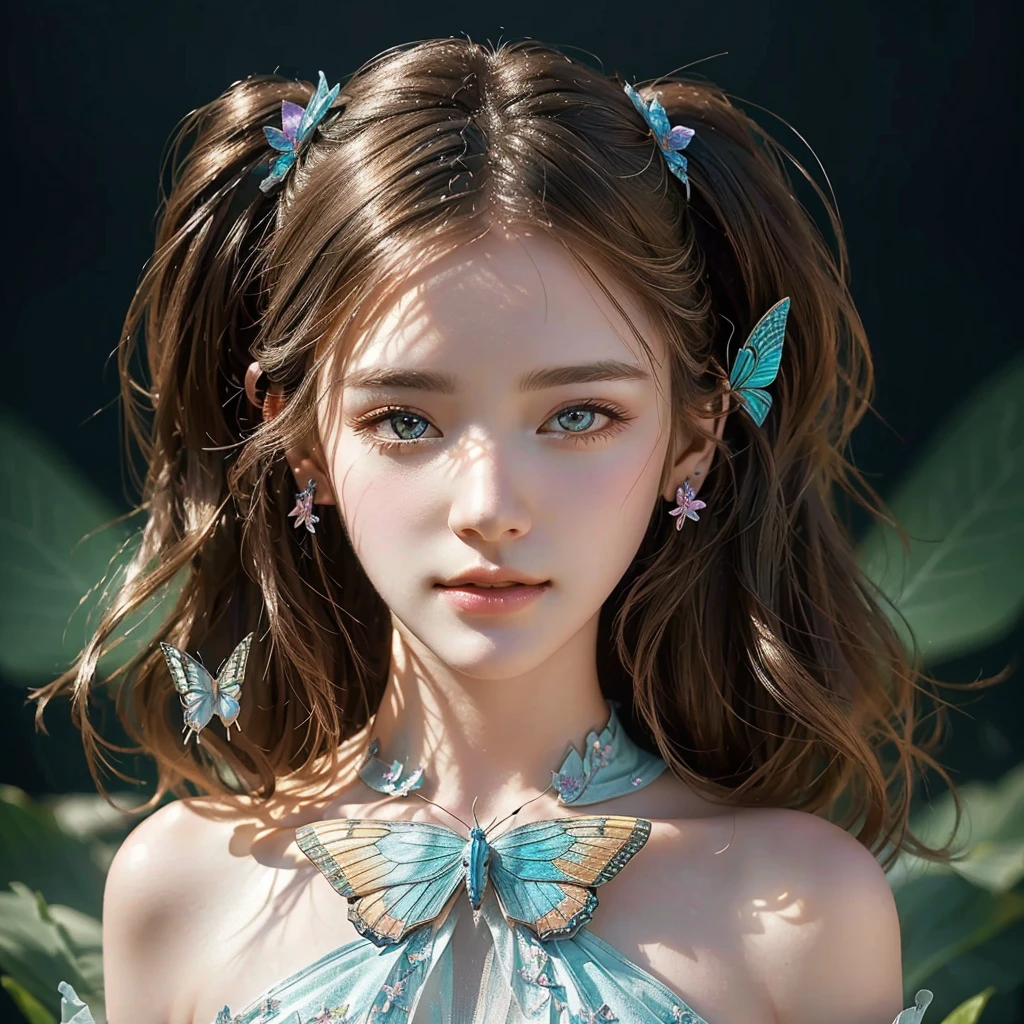 wearing butterfly decoration, butterfly decor, butterfly earing, beautiful fairy, beautiful fairy portrait, fantasy concept,pretty girl face,photo realism, cinematic rendering, ray tracing, highest quality, highest detail, Cinematic,8K, Ultra-HD, Natural Lighting,
