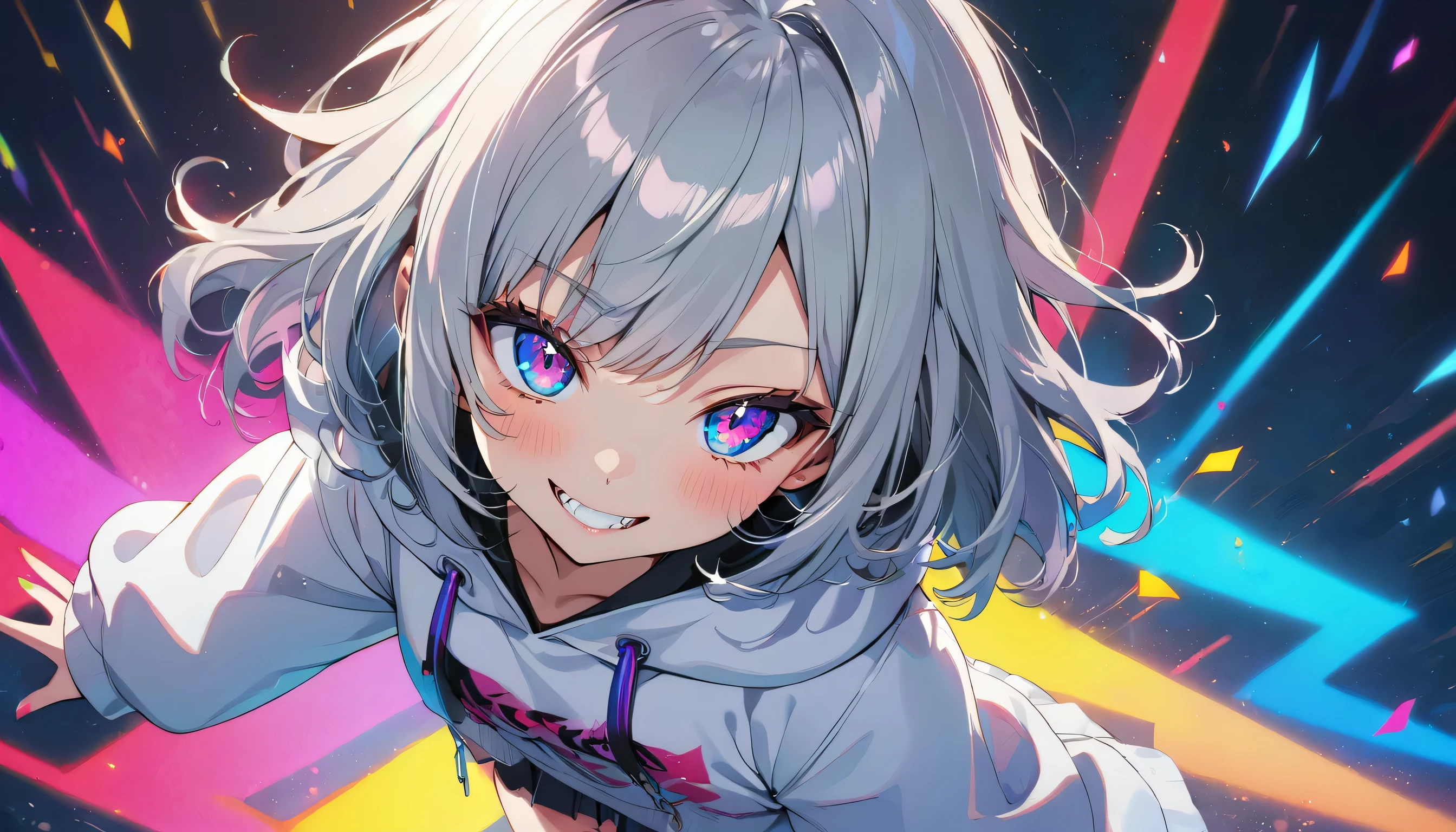 ((Masterpiece)), ((best quality)), (Anime:1.3), (super detail:1.2), (High Definition:1.3), (Professional Photography:1.3), (()), cute young Girl, Glossy unruly hair, (loose swept bangs), (silver ash hair), medium hair, big eyes, (Eye bags:1.3), (Long eyelashes), colorful eyes, (evil smile and blush), Glossy lips, (jagged teeth), farewell, (white hoodie with oversized), mini skirt, barearms, cute, (full body), (colorful:1.3), gothic makeup, (wearing headphone), dance joyfully, neon-lit, pretty, Celtic, maniac, gazing skyward, colorful petals dance around, white sandy beach, beautiful sea, before dawn, (from above:1.3),