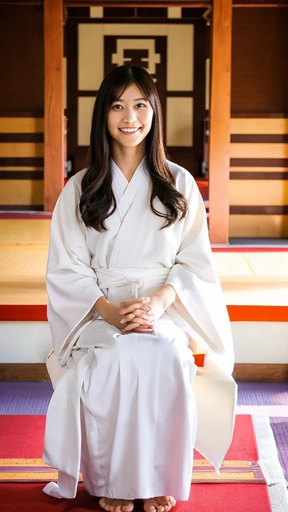 A beautiful Japanese woman wearing a plain, pure white Buddhist robe to participate in the ordination ceremony. She is barefoot. The obi of the white robe is also plain and pure white. She is in the waiting room of the temple. (Hairstyle is shaved 1.4)