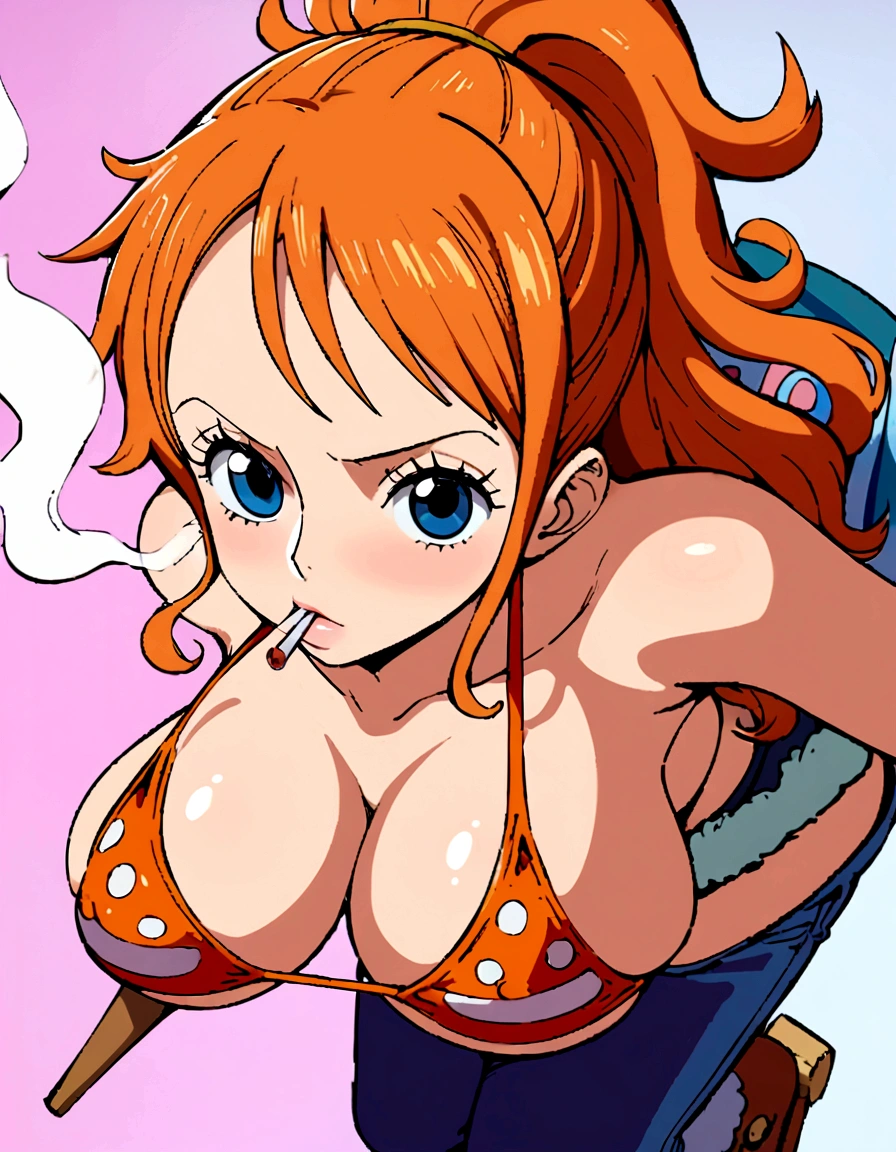 a cartoon picture of a woman in a bikini top and jeans, nami one piece, nami from one piece, nami, beautiful portrait of nami, from one piece, oppai, blue eyes, smoking, ponytail, nsfw