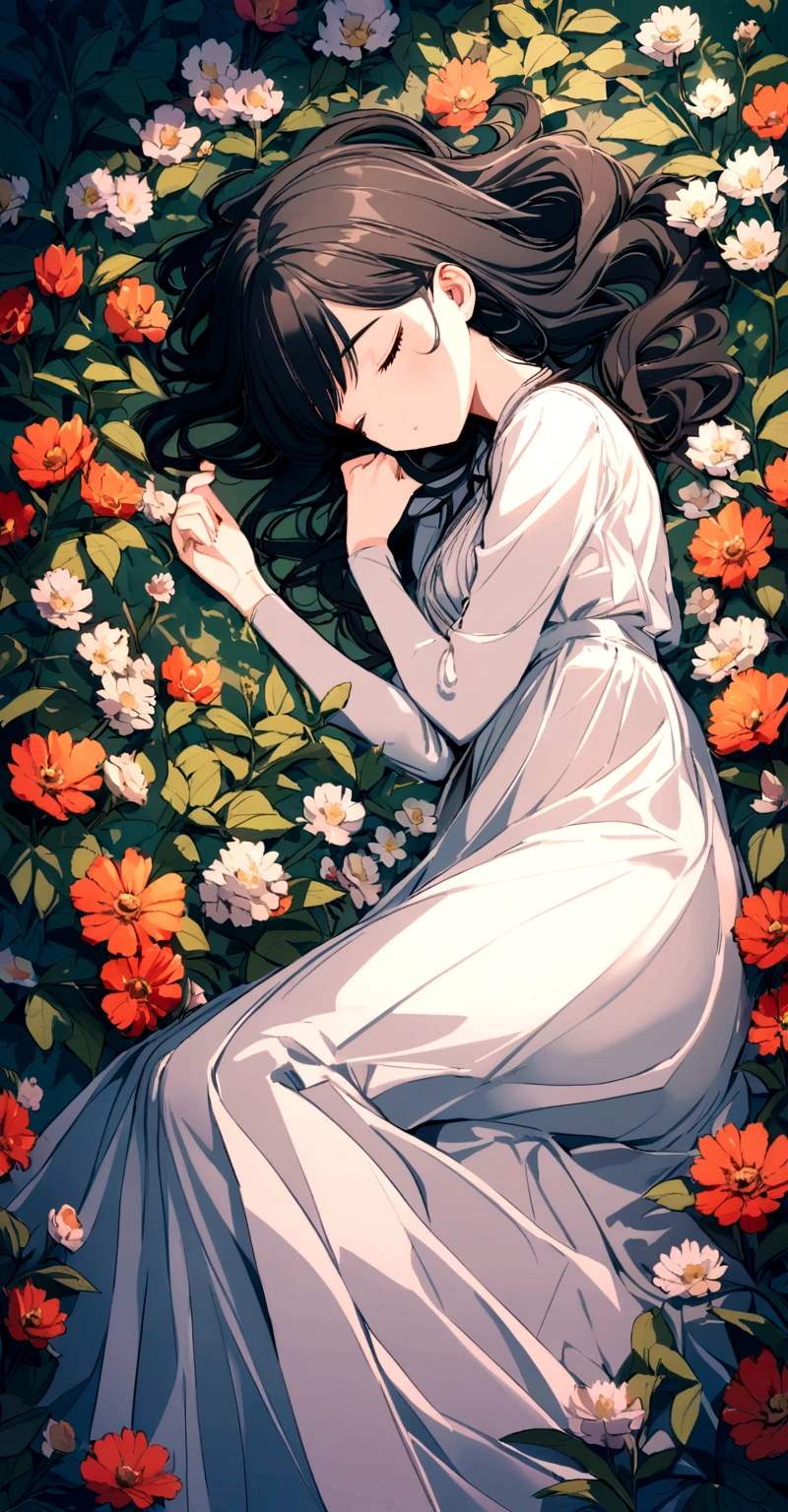 A pretty young woman with long black hair is lying separately. She is sleeping.