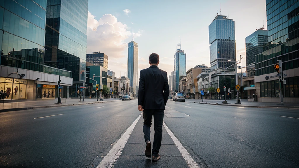 Man walking on asphalt road, Turning my back on the city, Skyscrapers in the city