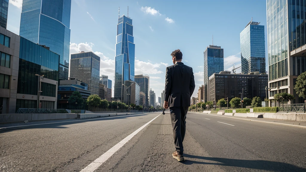 Man walking on asphalt road, Turning my back on the city, Skyscrapers in the city