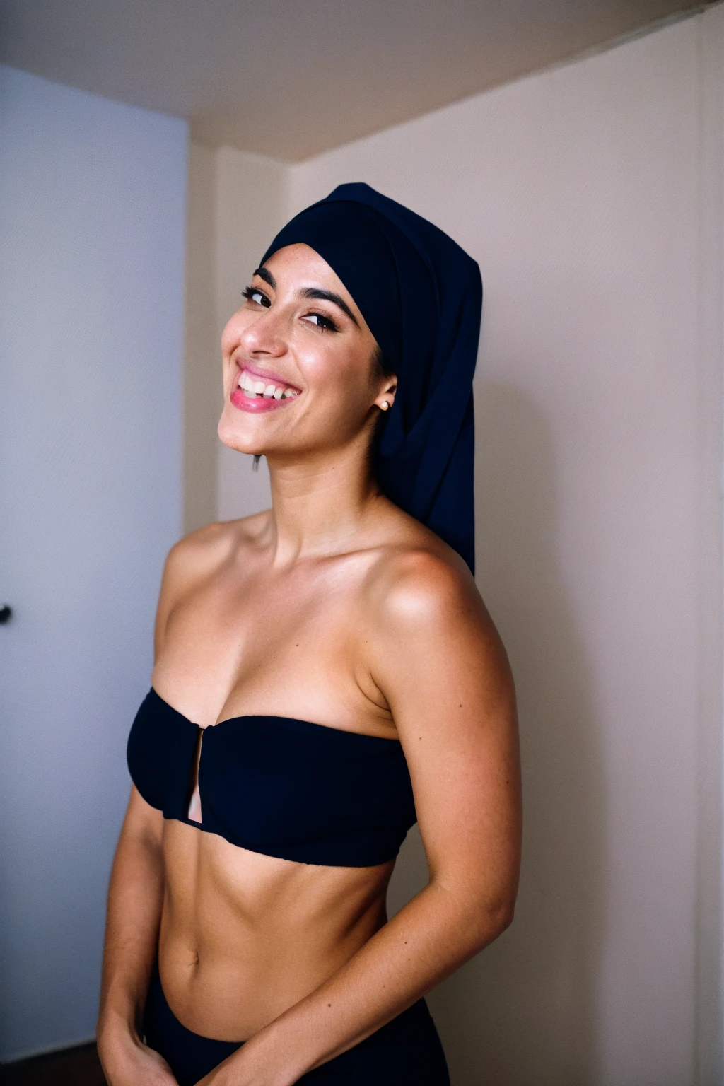 RAW photo,dark,moody,hazy atmosphere,35mm focal lenght,underexposed,cold,candid photograph,artistic,full body,photo of a beautiful,influencer,30yo Moroccan woman,hijab,laughing,detailed skin,fully naked,looking at viewer, thick body structure,pastel background,no background, candid pose,dim room,blue light, film grain, kodak color, instagram LUT