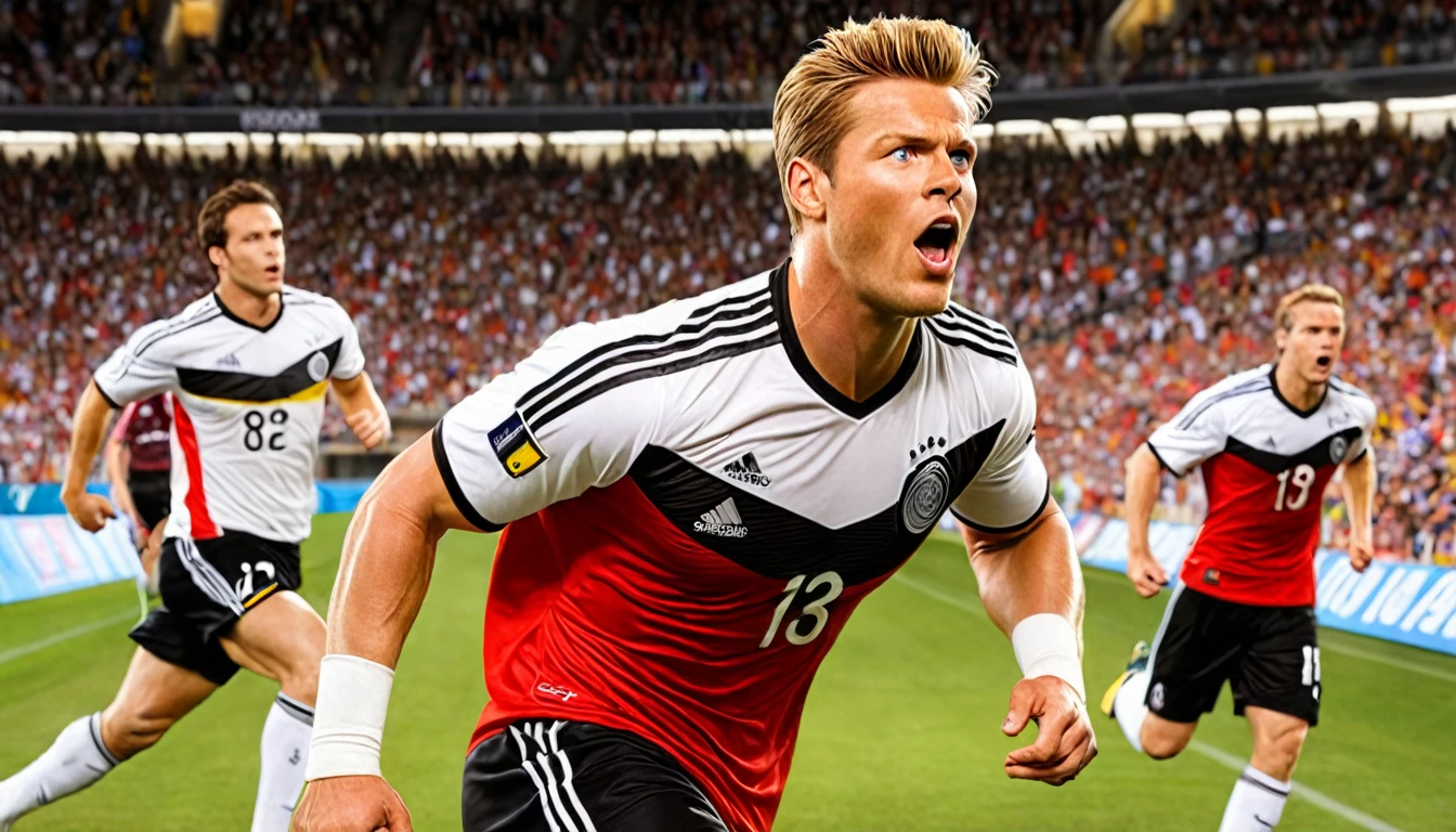 high quality, hyperdetailed, 3d, dynamic, dramatic lighting, highly detailed, photorealistic, 1 german male soccer team, soccer players, athletes, football, soccer, team, sports, sports uniforms, soccer jerseys, cleats, soccer ball, soccer field, stadium, crowds, cheering fans, flags, banners, action pose, muscular figures, sweat, motion blur, depth of field, germnan flag on jersey