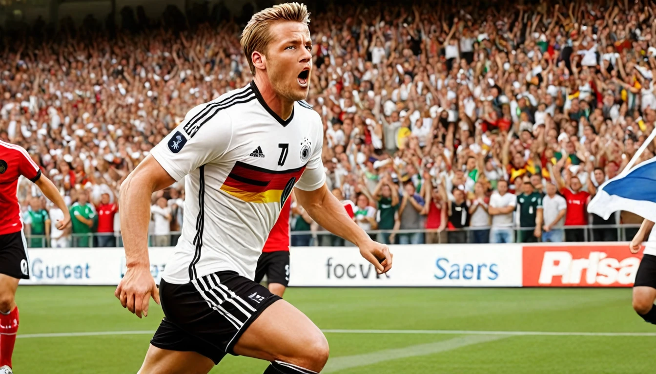 high quality, hyperdetailed, 3d, dynamic, dramatic lighting, highly detailed, photorealistic, 1 german male soccer team, soccer players, athletes, football, soccer, team, sports, sports uniforms, soccer jerseys, cleats, soccer ball, soccer field, stadium, crowds, cheering fans, flags, banners, action pose, muscular figures, sweat, motion blur, depth of field, germnan flag on jersey