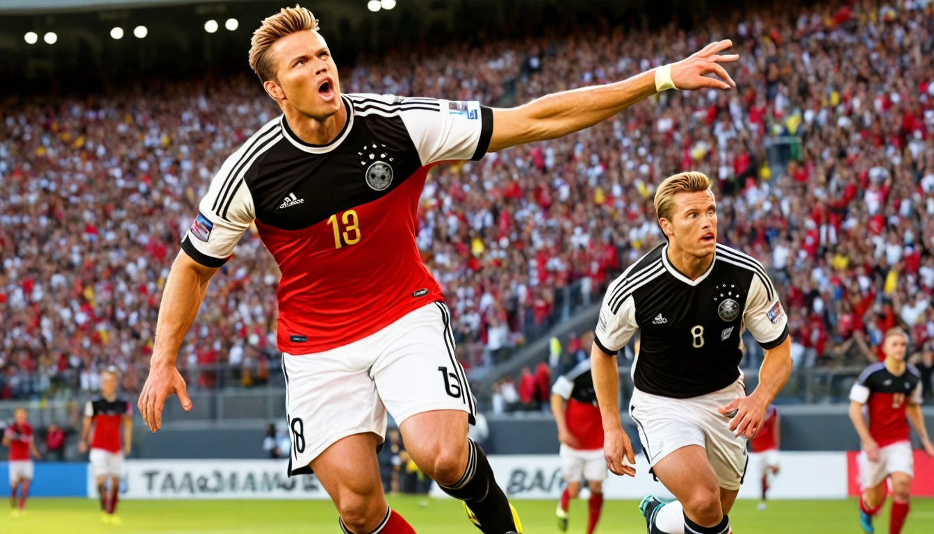 high quality, hyperdetailed, 3d, dynamic, dramatic lighting, highly detailed, photorealistic, 1 german male soccer team, soccer players, athletes, football, soccer, team, sports, sports uniforms, soccer jerseys, cleats, soccer ball, soccer field, stadium, crowds, cheering fans, flags, banners, action pose, muscular figures, sweat, motion blur, depth of field, germnan flag on jersey