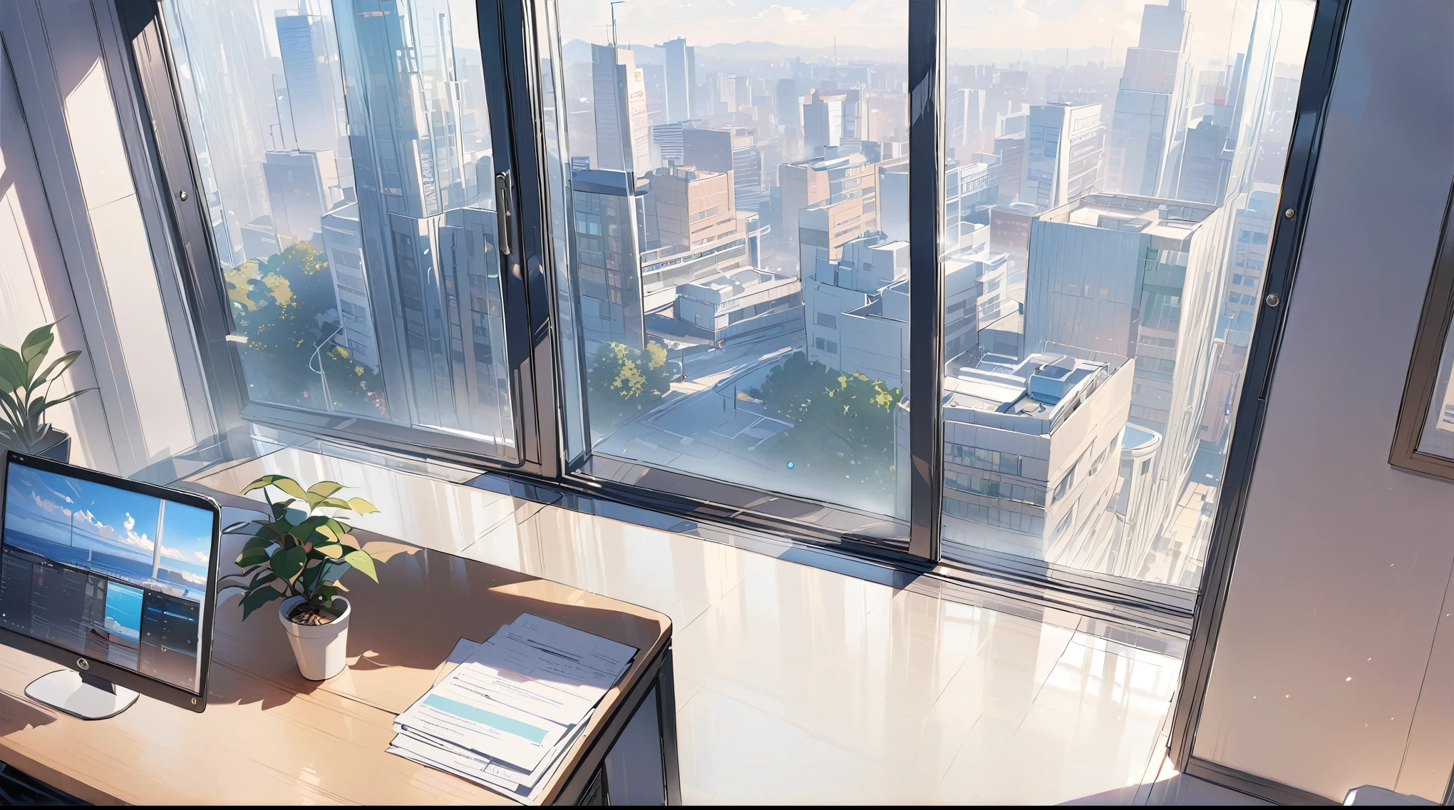((best quality)), ((masterpiece)), (detailed),office, potted plants, computers and documents on the desk,, floor-to-ceiling windows, the street view in the distance outside the window, the scene from the top down,