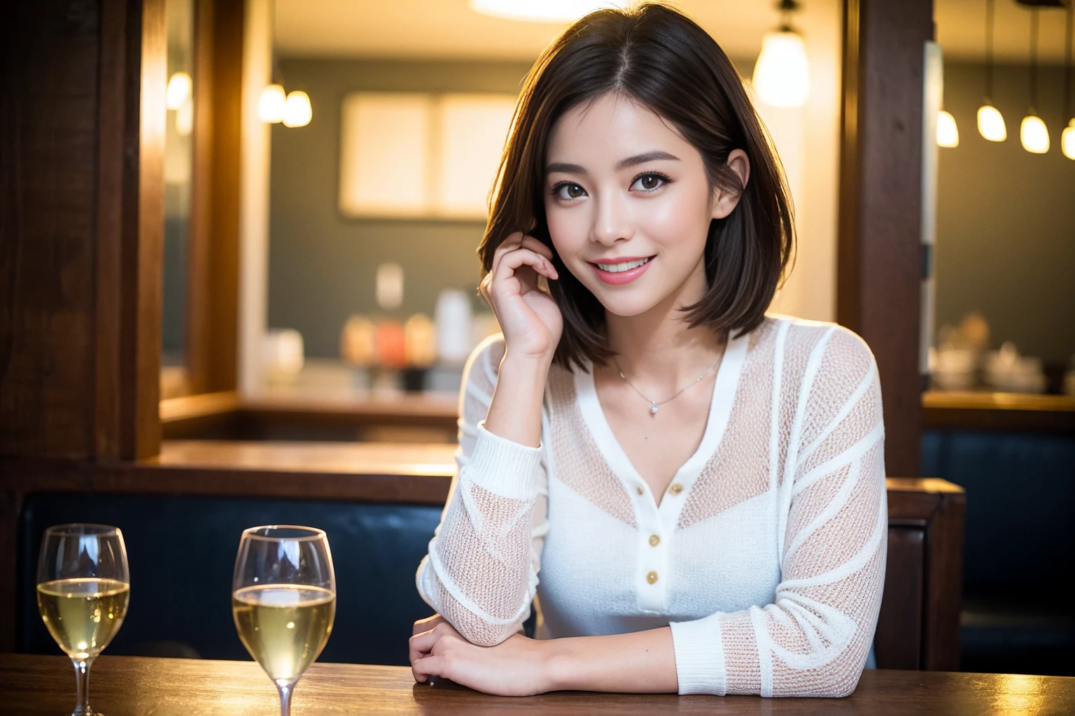((Highest quality、8K、masterpiece:1.3))、1 male、1 woman who resembles Satomi Ishihara、Couple、spouse、Couple、The body is slim、((Bob Hale、Straight hair:1.2)), (Realistic, Intricate details:1.2), テーブルの上のwine glass、Shine light on your face、 Amazing view of the sunset sky and clouds、Amazing mountain views、A bright smile、The wonderfulness of smile、Bright image、The beauty of wine, Beautiful Face, blue eyes, The light shines on your face, Blushing, short hair,Bright Face、42 years old), 39 years old, red wine 、Appetizers、Italian food、Wine bottle、Champagne、sparkling wine、Two beauties、Brown Hair、Shortcuts、Long sleeve shirt、dress、Beautiful woman 1, (slimな顔), (The body is slim), (Brown Hair), (Shortcuts), cheeks turn a little red,Attractive beauty、restaurant, In a prominent place (From the waist up) Nova Frog Style, actress, model, Upper Body, White wine, slim, wine glass, 中央に置かれたwine glass, smile, (smile: 1.15), Beautiful fine grain, Depth f/2,saturation, High Contrast, Strong light and shadow,Moist Body:1.5、3D texture、Delicate eyes、Brown Hair、The hair is very shiny、
