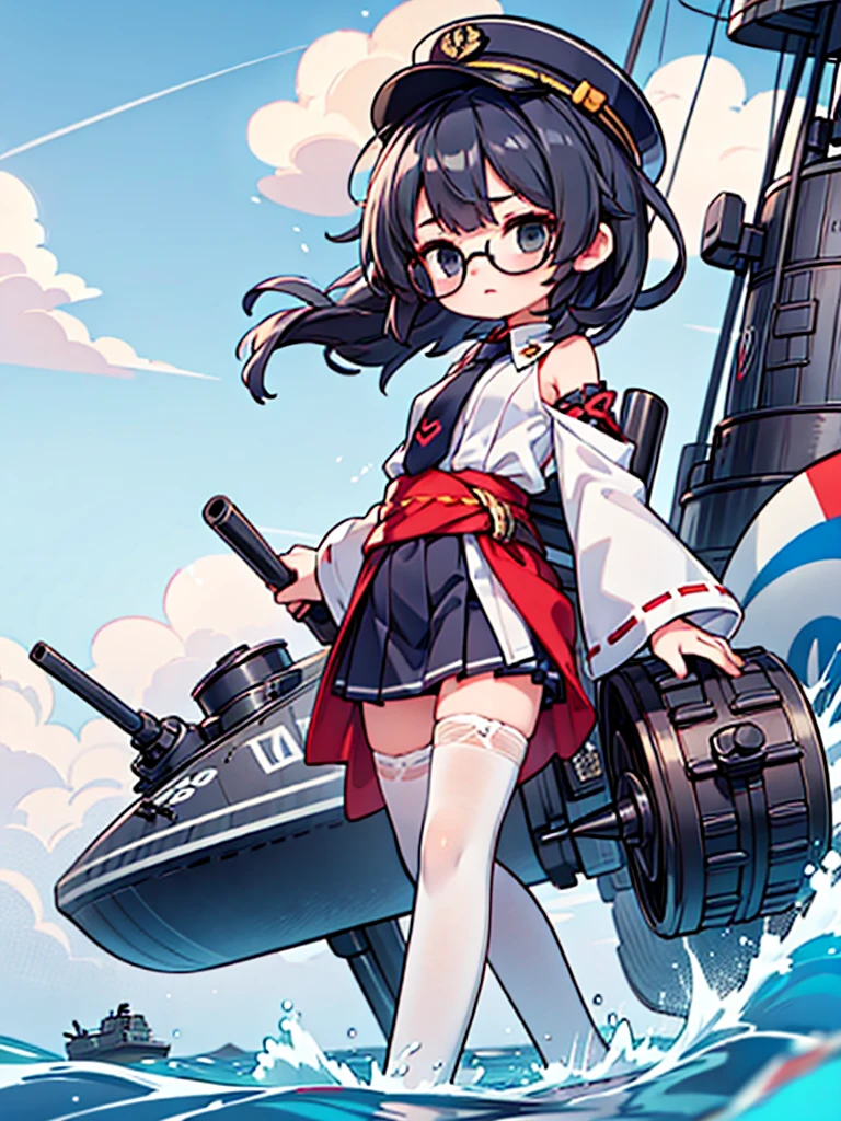 ((((Full body of a woman with perfect flat chest、solo、Short unkempt black hair、Tie your messy hair at the nape of your neck、white military jacket、Miko costume、tights、Black glasses、White military cap、Cloudy black eyes、Confused eyes、Eyes Beginning to Open、Junyo hair accessories)))), (((masterpiece))), (((Shipgirl))), ((Floating on the morning sea with both feet)), (Spread your legs wide open), (Hold the turret with your right hand), (Mechanical arms extending from the waist are used to equip the ship with battleship equipment.), (Equipped with a turret on the back), (Holds a triple turret on the left arm), Shotgun shells are attached to the thigh with a belt, Spreading the Machine&#39;s Wings, Machine tail,  Holding a shotgun, 