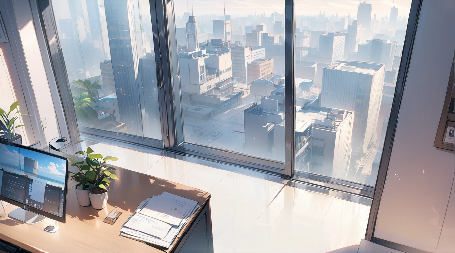 ((best quality)), ((masterpiece)), (detailed)，office, potted plants, computers and documents on the desk,, floor-to-ceiling windows, the street view in the distance outside the window, the scene from the top down,