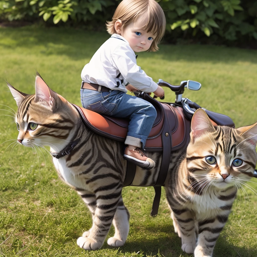 Brown tabby kitten、riding on a dog's back