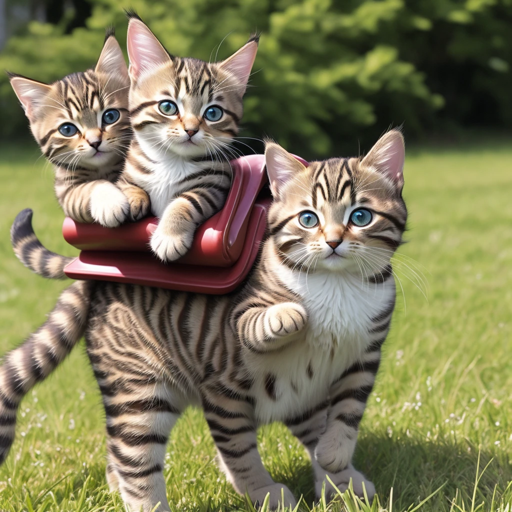 Brown tabby kitten、riding on a dog&#39;s back