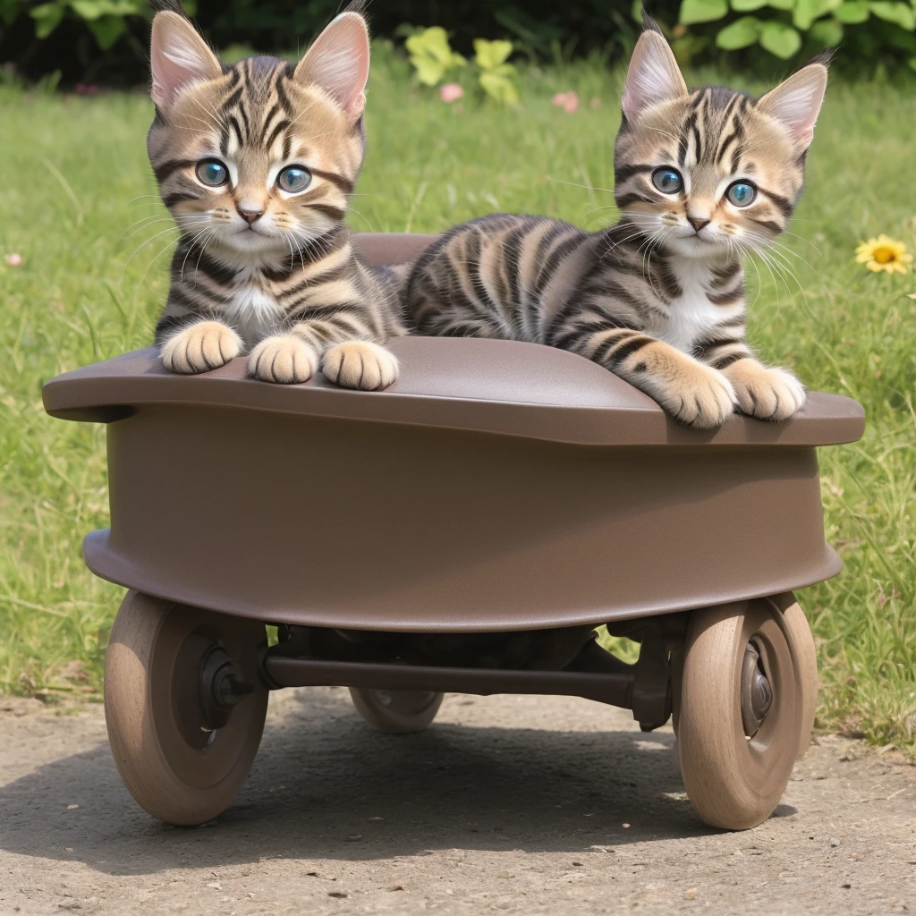 Brown tabby kitten、riding on a dog&#39;s back