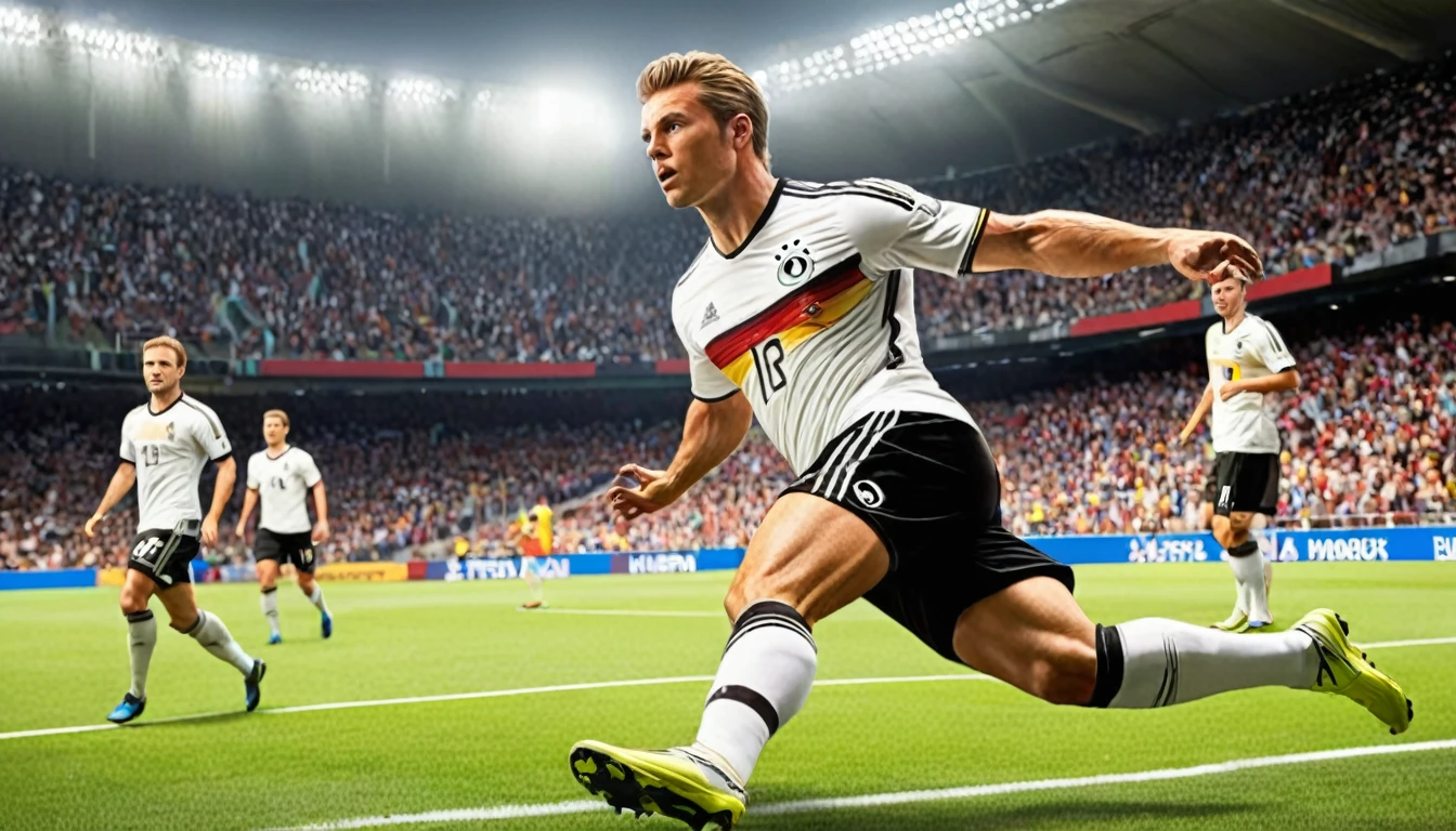 high quality, hyperdetailed, 3d, dynamic, dramatic lighting, highly detailed, photorealistic, 1 german male soccer team, soccer players, athletes, football, soccer, team, sports, sports uniforms, soccer jerseys, cleats, soccer ball, soccer field, stadium, crowds, cheering fans, flags, banners, action pose, muscular figures, sweat, motion blur, depth of field, germnan flag on jersey